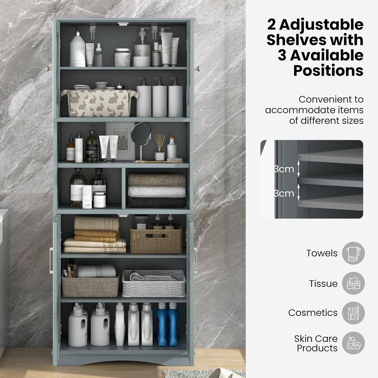Grey Tallboy Bathroom Cabinet 4 Door Shelf Storage Unit