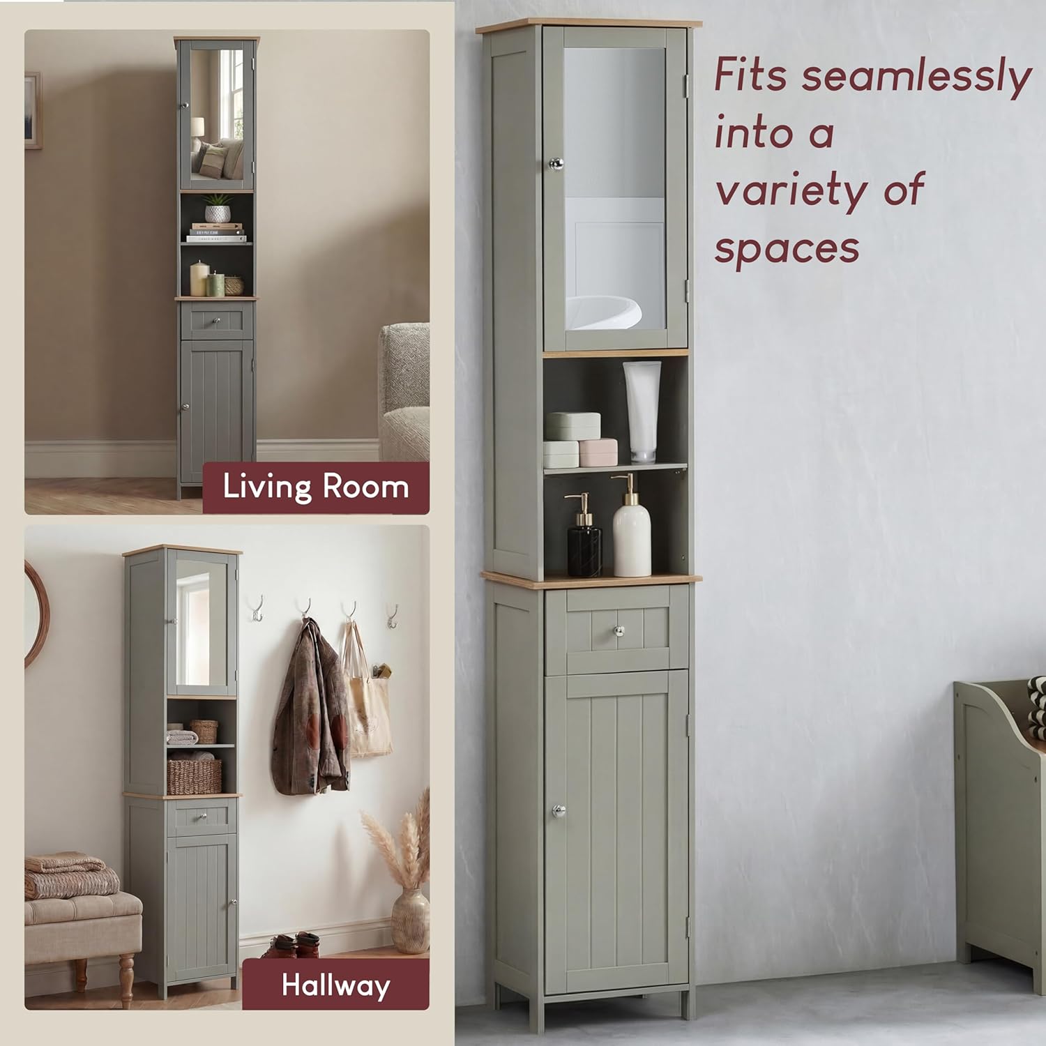 Tall Mirrored Bathroom Cabinet Grey Oak 2 Door Drawer 190cm