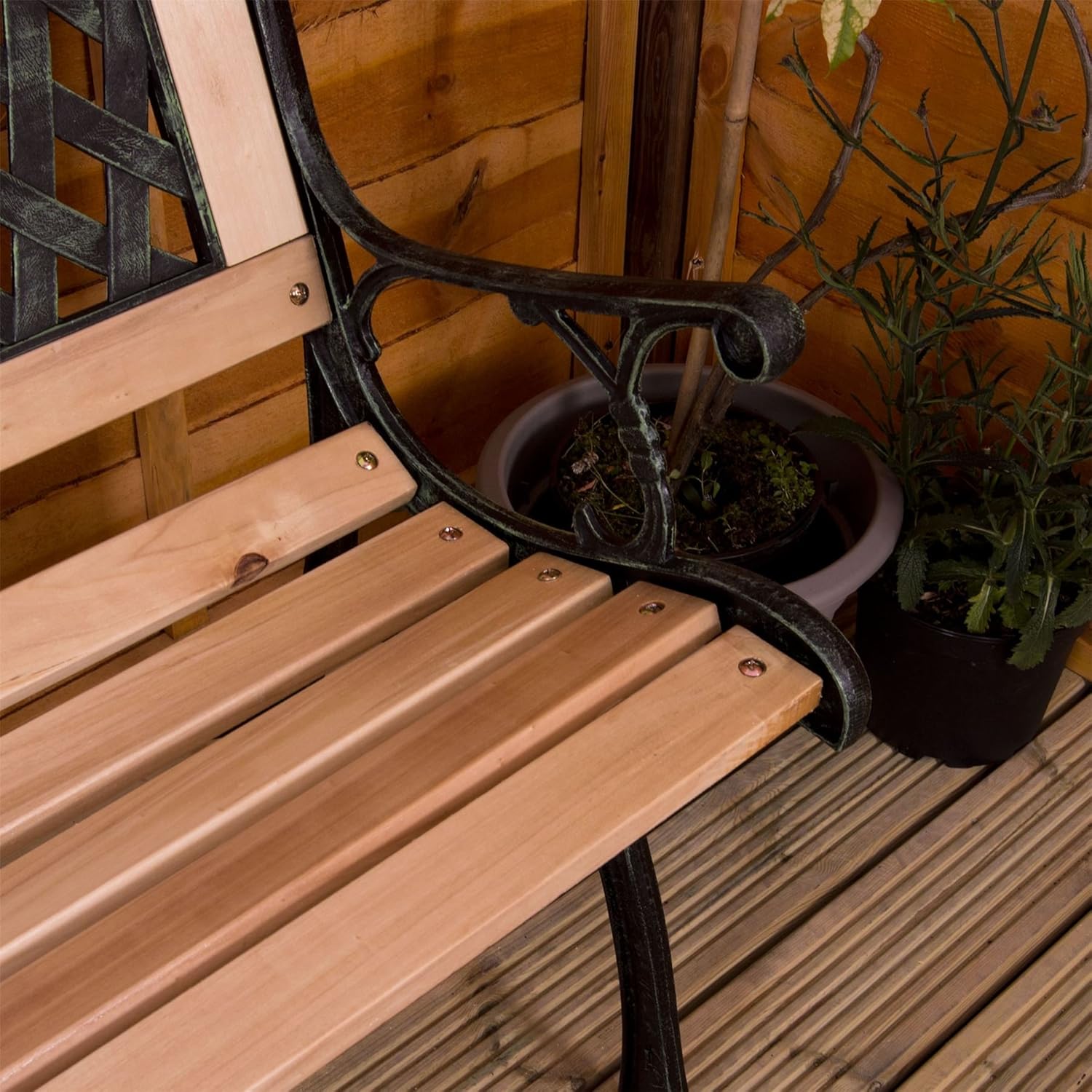 3 Seater Wooden Garden Bench Cast Iron Frame Cross Back Patio Seat