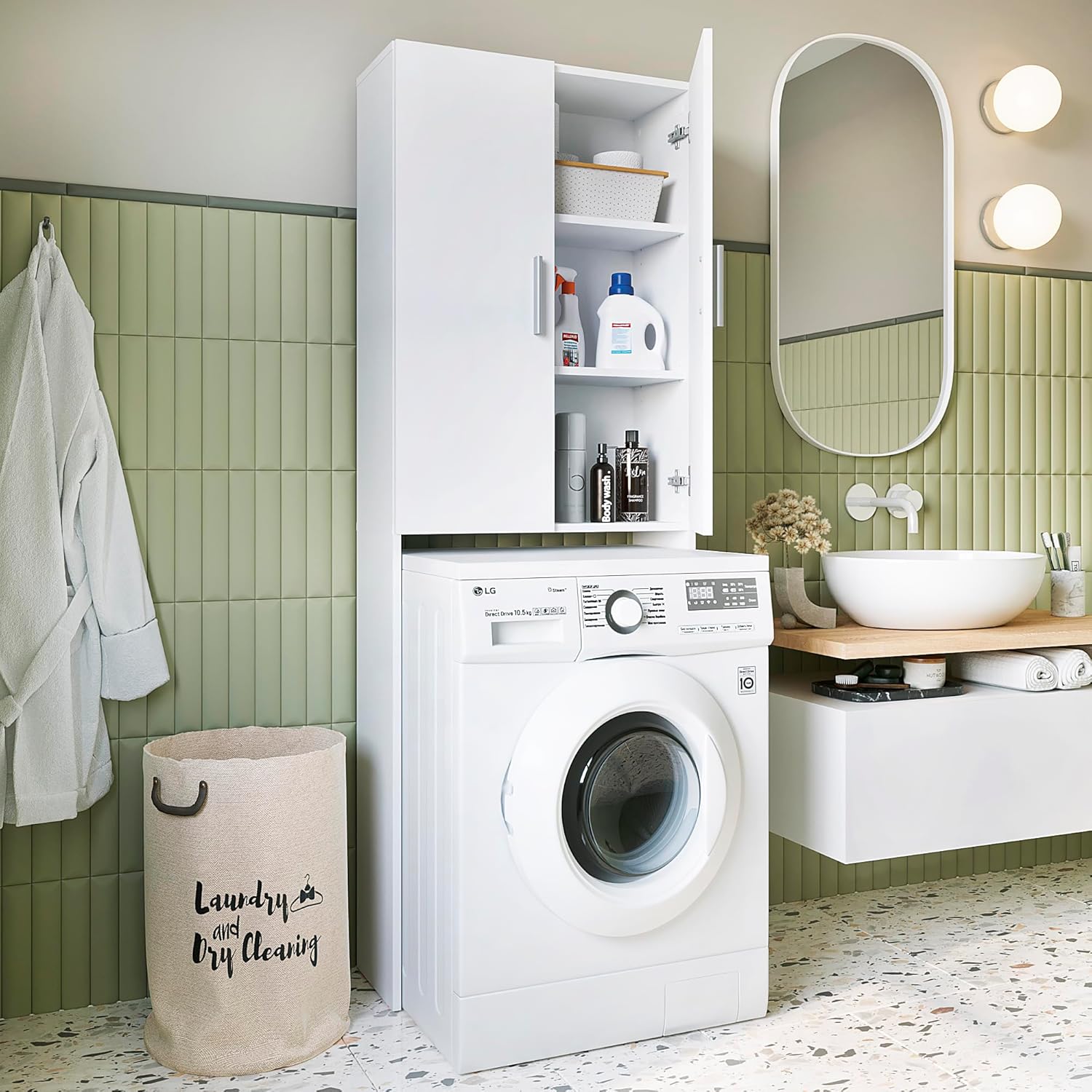 Over Washing Machine Storage Cabinet White 2 Door Unit