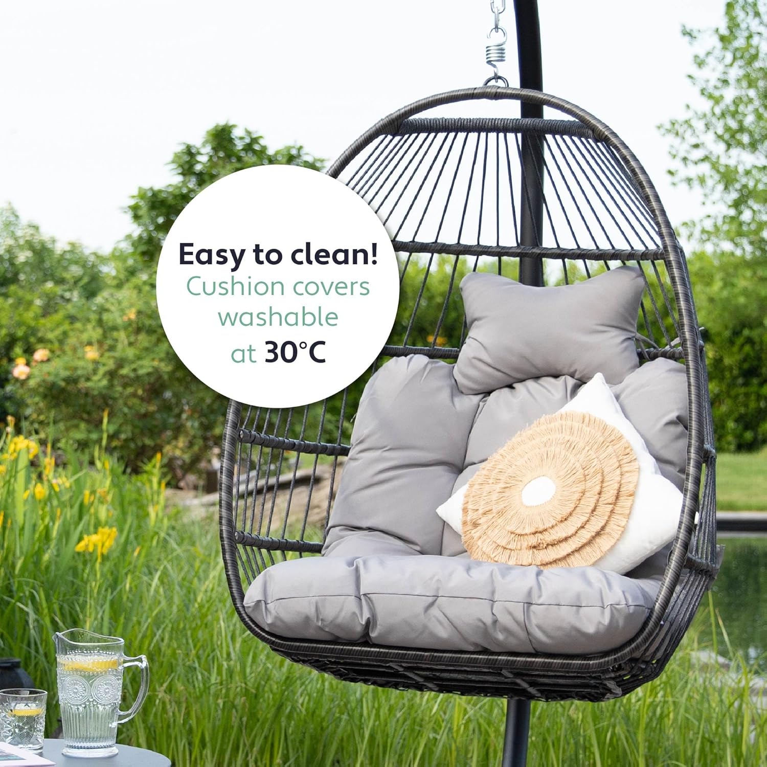 Foldable Hanging Egg Chair with Stand Cushion Light Grey