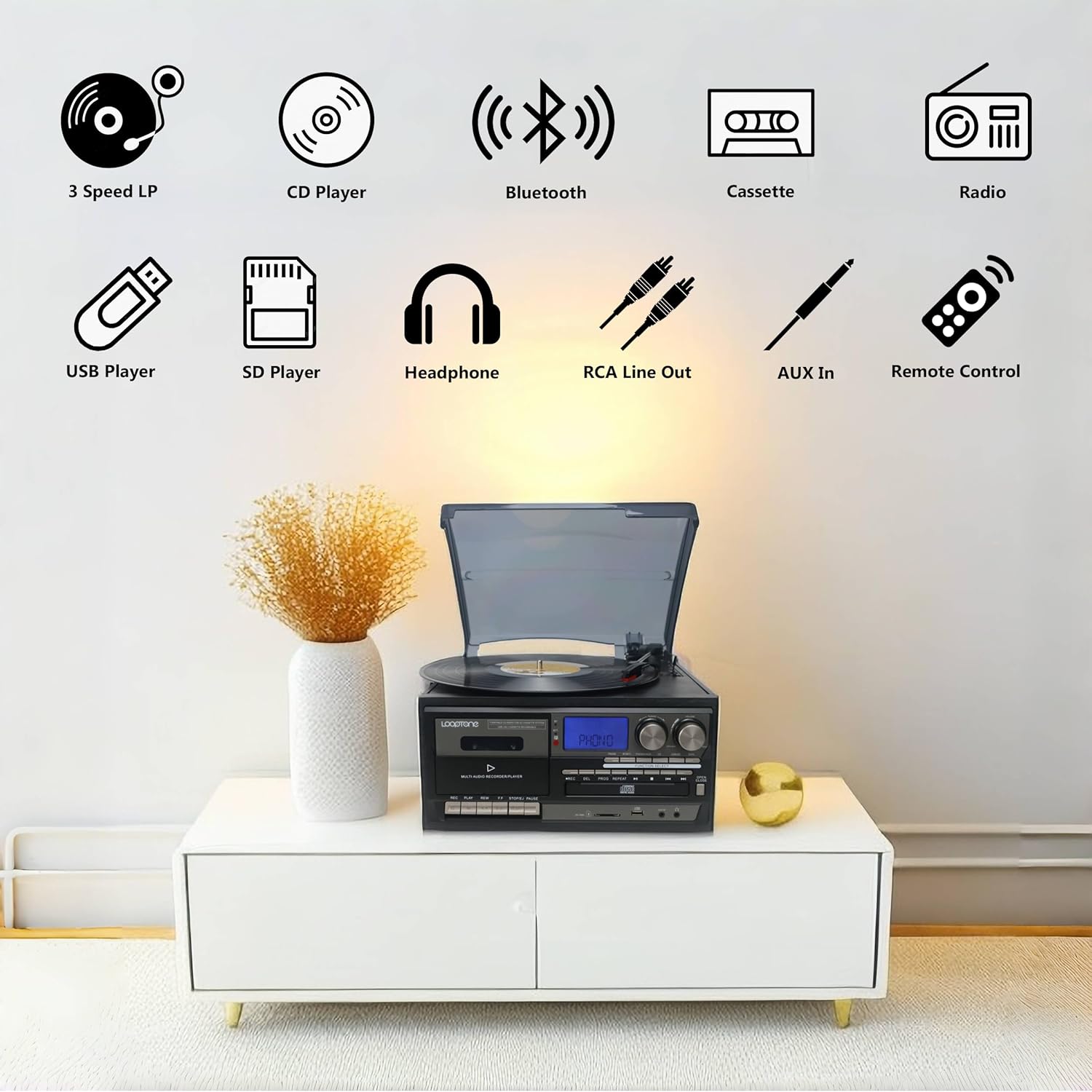 Bluetooth Vinyl Record Player 10 in 1 3 Speed Turntable Retro Black