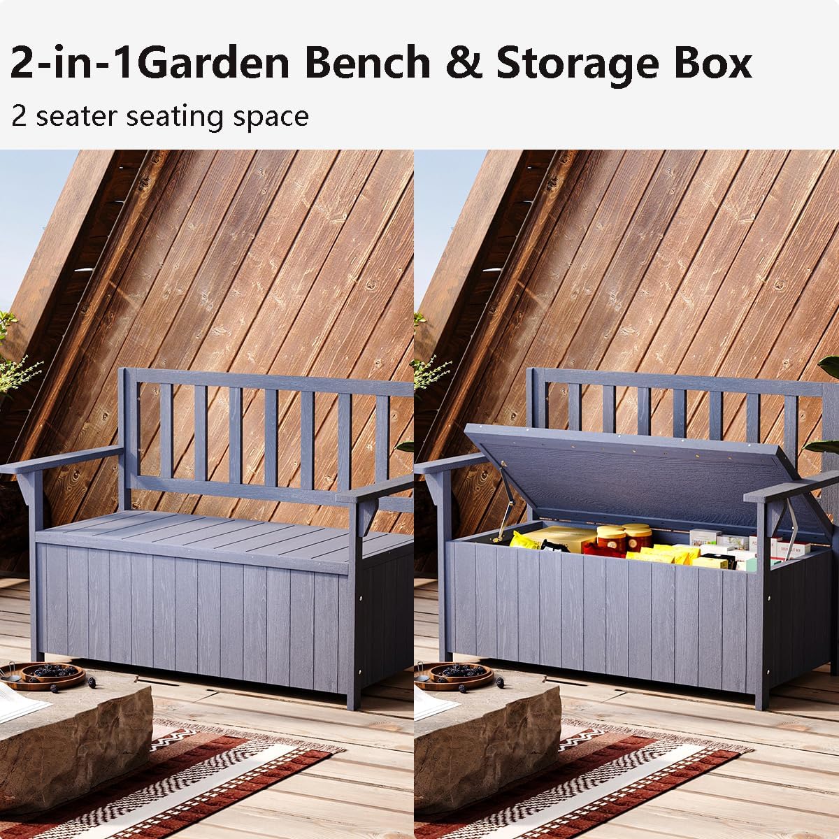 2 Seater Wooden Garden Storage Bench 135L Outdoor Patio Seat Grey