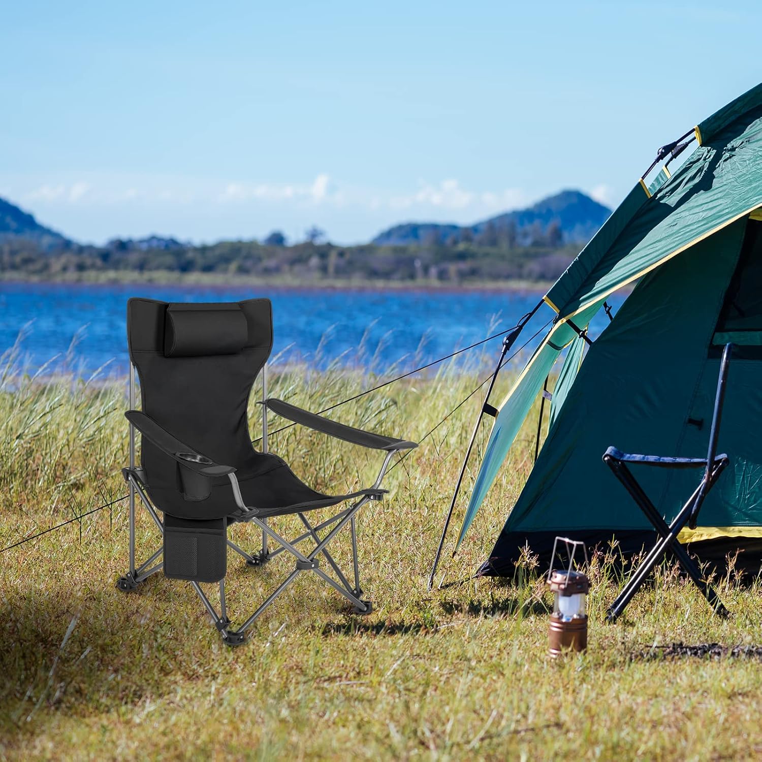 Reclining Camping Chair with Footrest Folding Seat Black