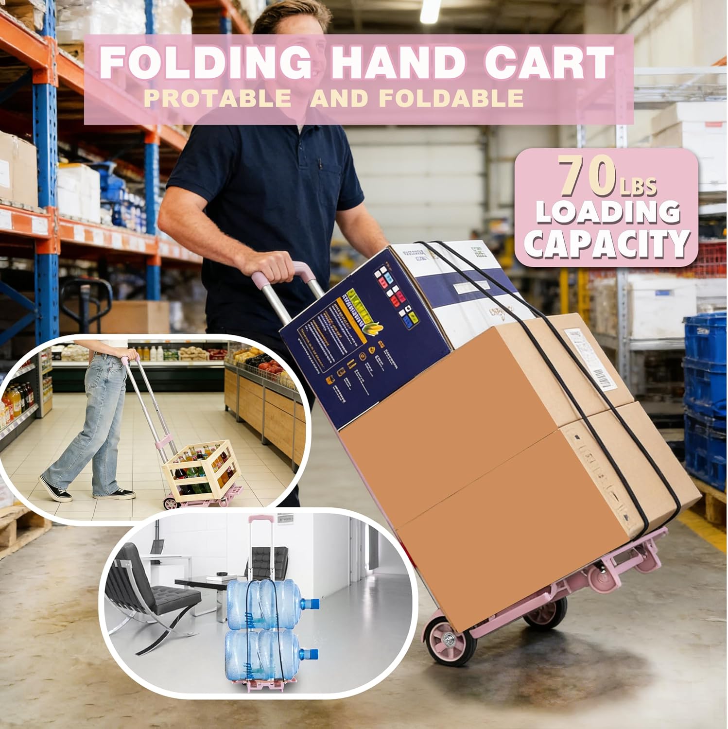 Portable Folding Hand Truck Trolley 35KG Pink Luggage Cart