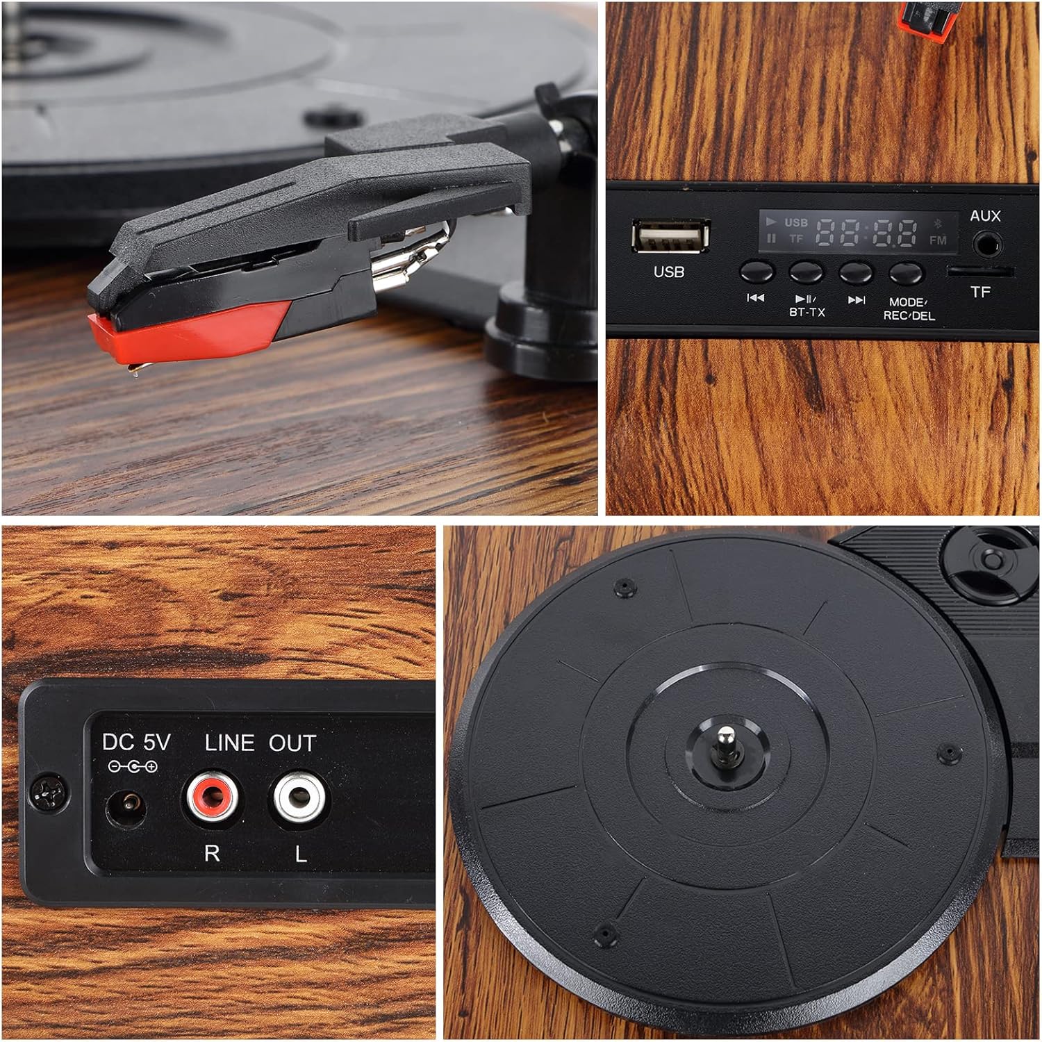 Bluetooth Record Player 3 Speed FM Radio USB SD Recording