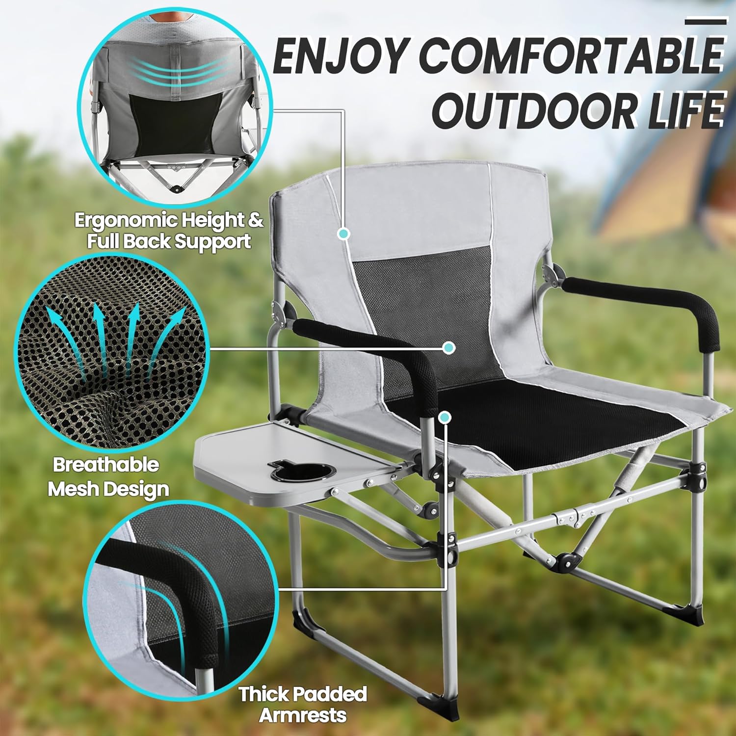 Oversized Directors Camping Chair with Side Table Grey