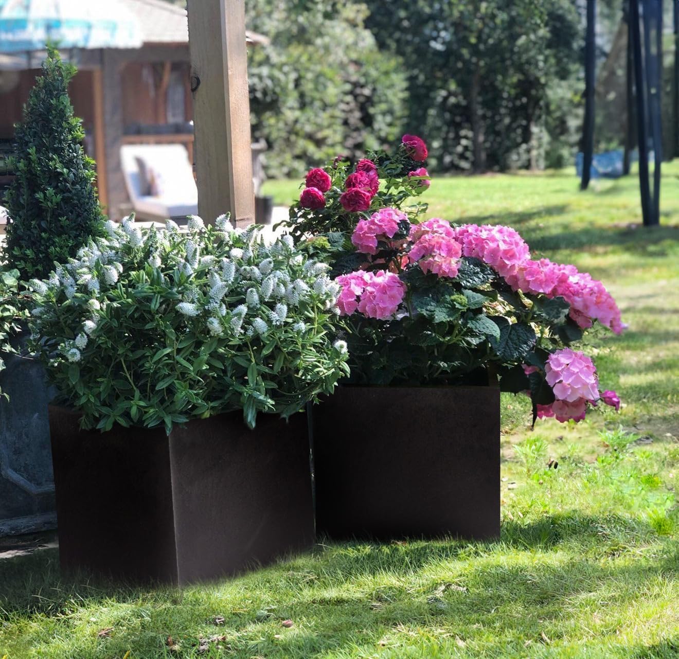 40cm Black Square Planter Stone Effect Garden Pot Drainage
