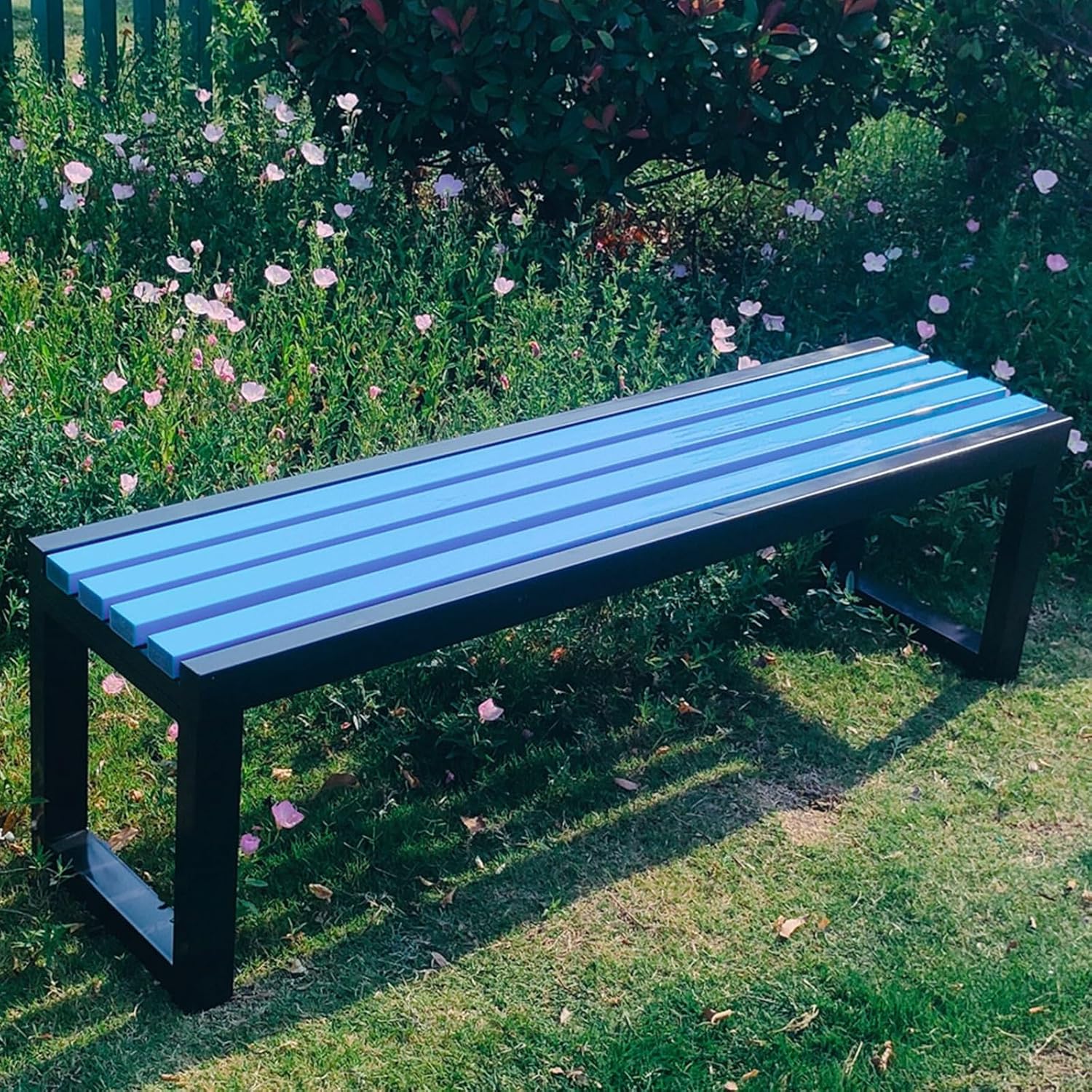 Outdoor Backless Garden Bench Wood Metal Patio Seat Blue 100cm