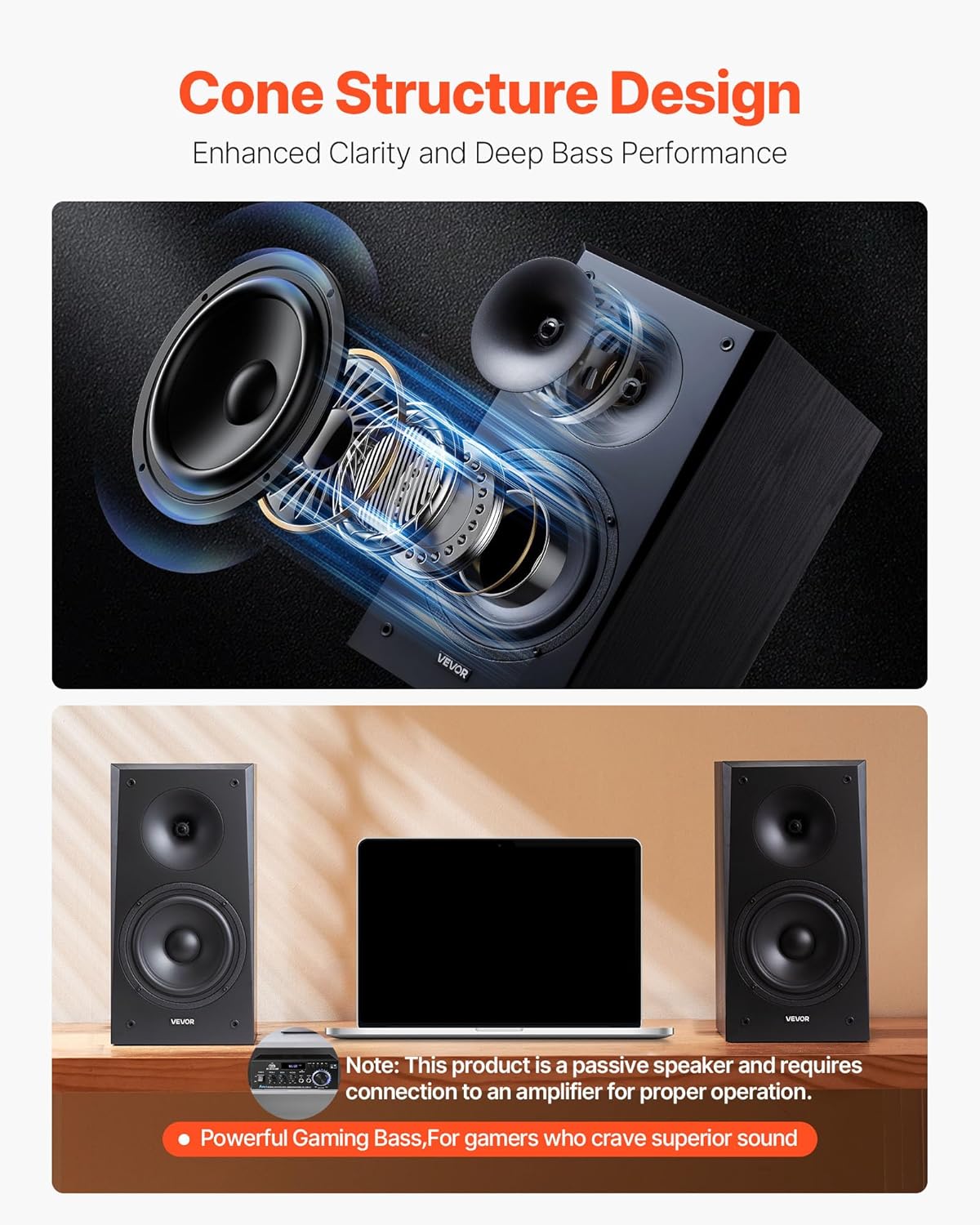 Passive Bookshelf Speakers 6.5 Inch Woofer Stereo Home Theater Pair