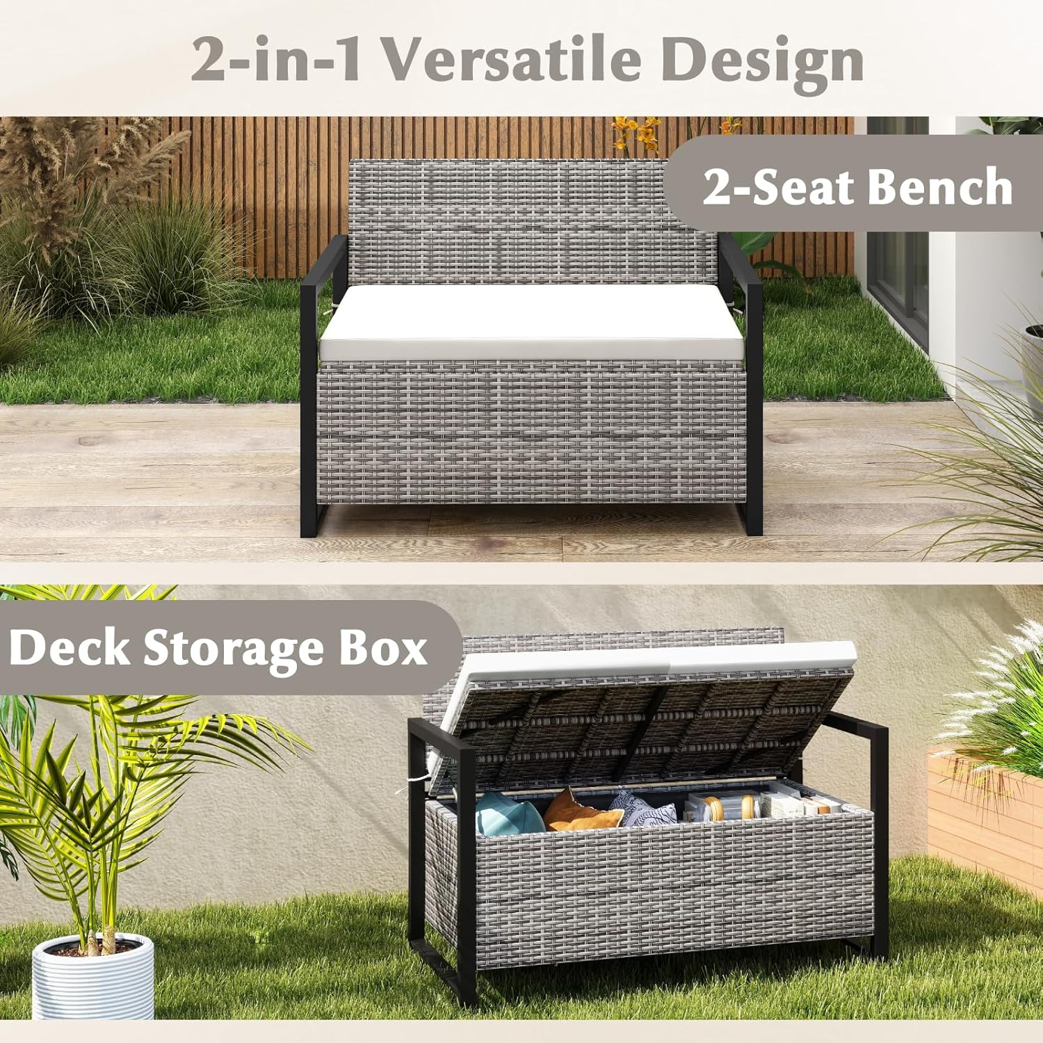 Rattan Garden Storage Bench 2 Seater Deck Box with Cushion
