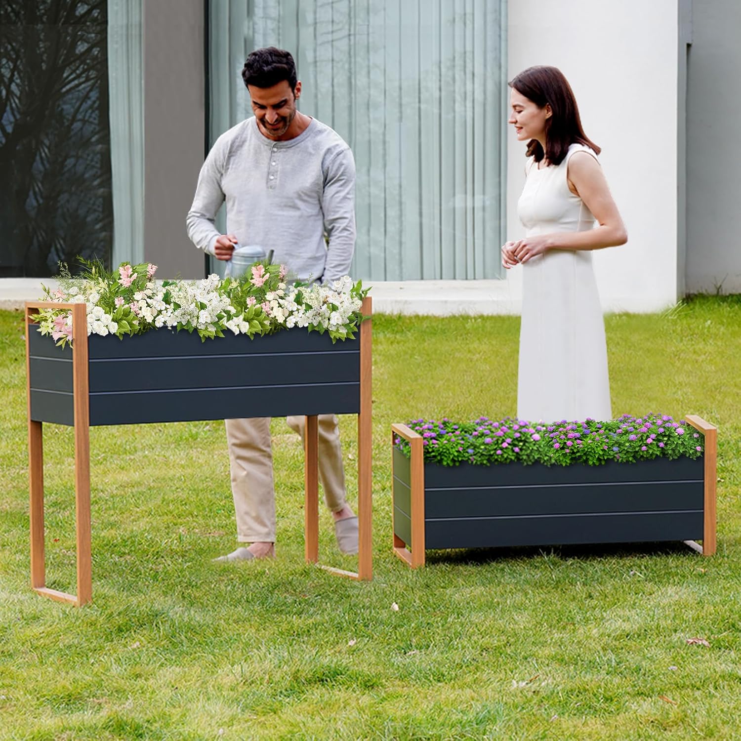 Tall Metal Raised Garden Planter 100cm Grey with Legs
