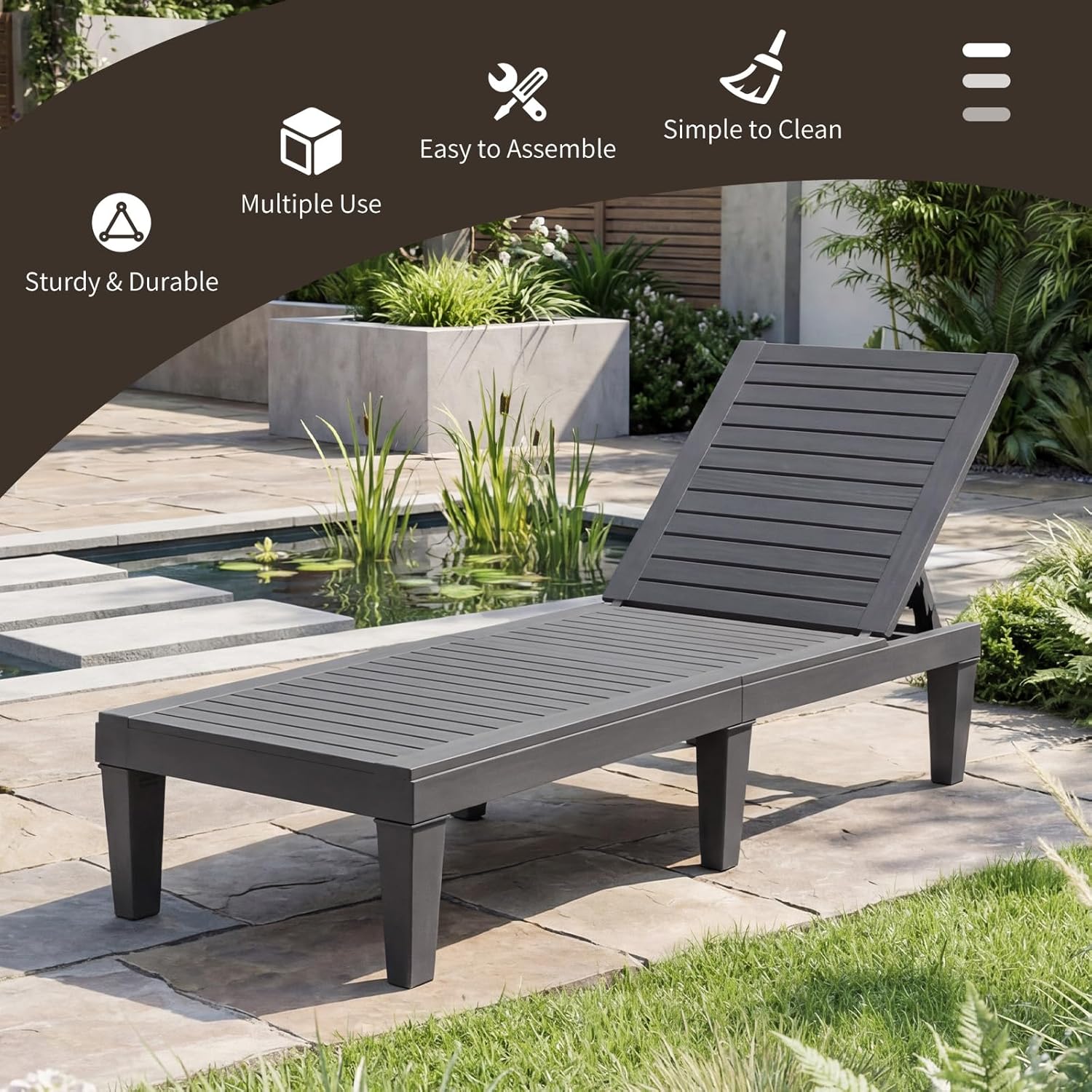 Sun Lounger 5 Position Recliner Chair Grey Wood Effect