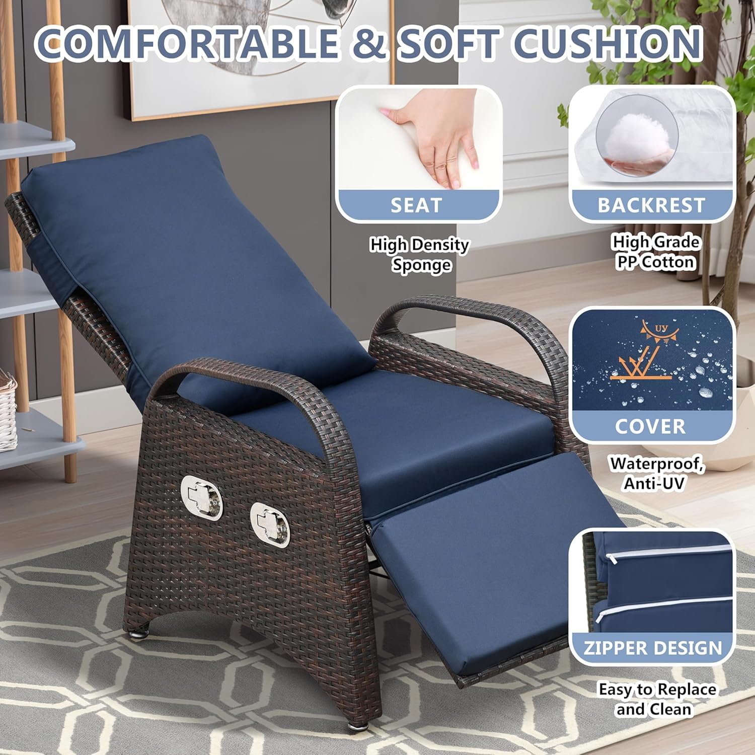 Rattan Recliner Garden Chair with Side Table Navy Blue
