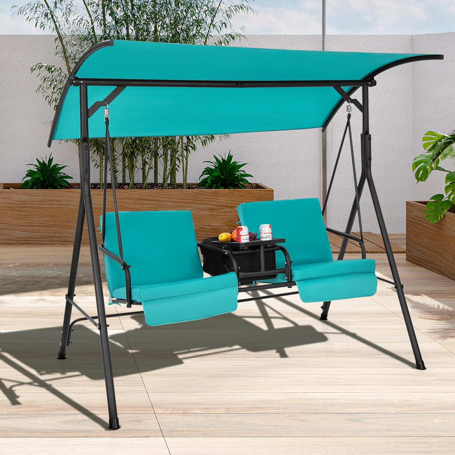 2 Person Garden Swing Chair Canopy Cooler Tray Turquoise
