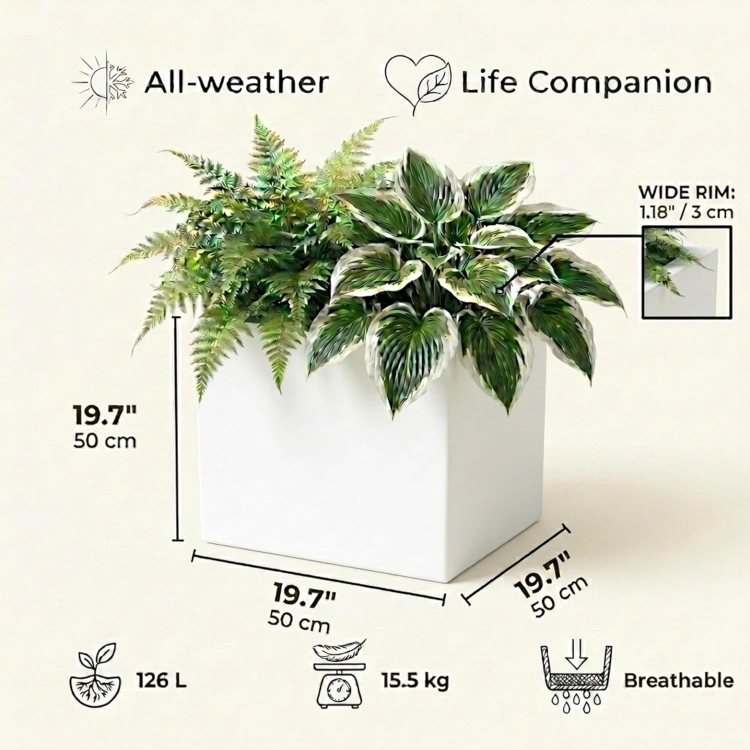50cm Large Square Planter White Stone Effect Garden Tree Pot