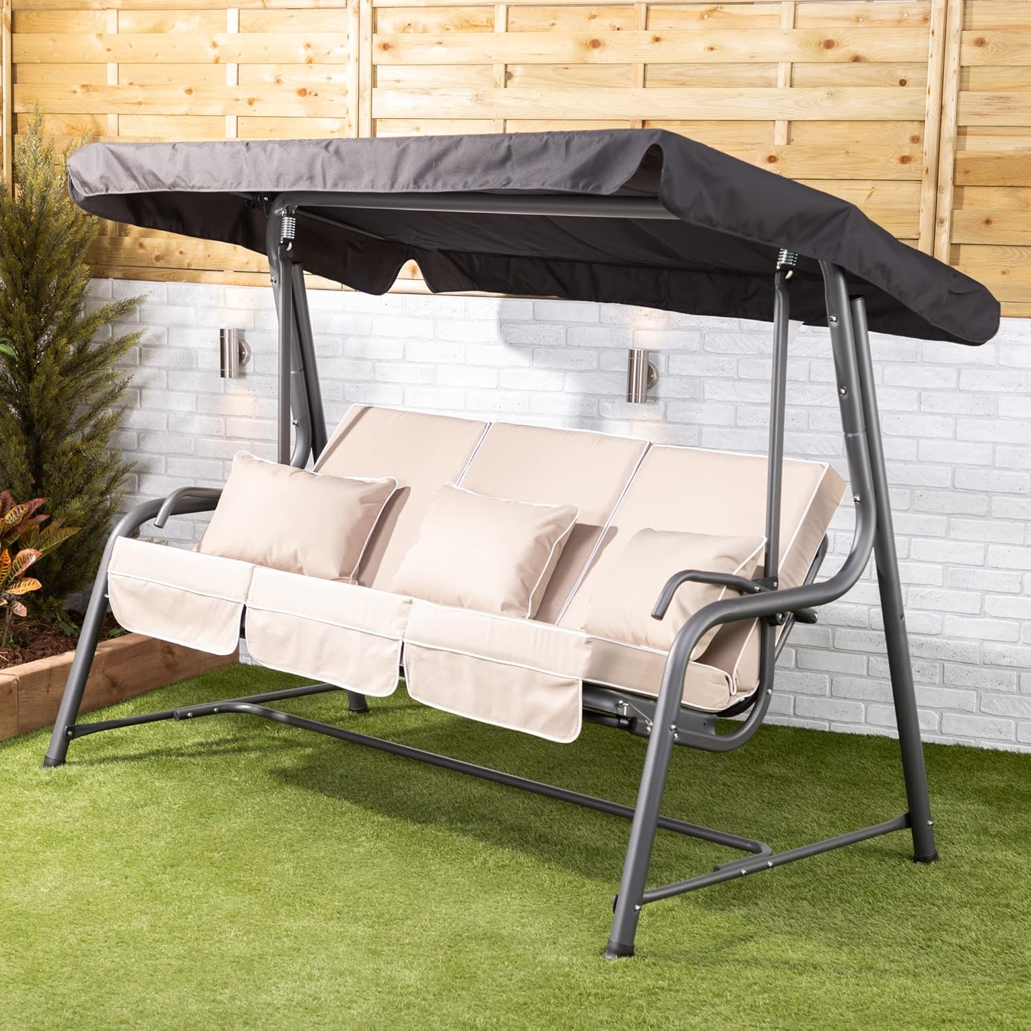 3 Seater Reclining Garden Swing Bed Taupe Canopy Cushions