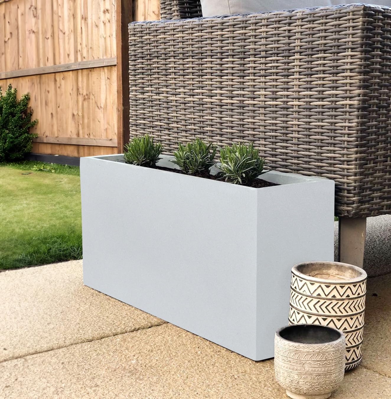 65cm White Trough Planter Stone Effect Garden Pot Rectangular