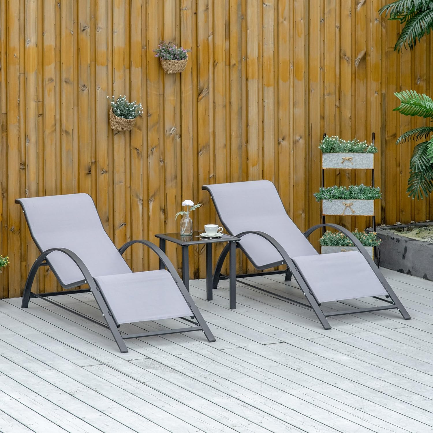 3 Piece Sun Lounger Set Recliner Chairs with Table Grey