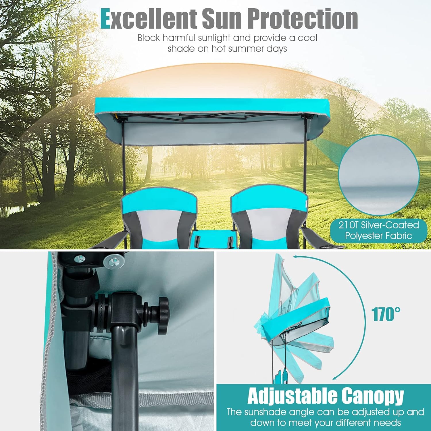 Double Camping Chair with Canopy Cooler Bag Cup Holders