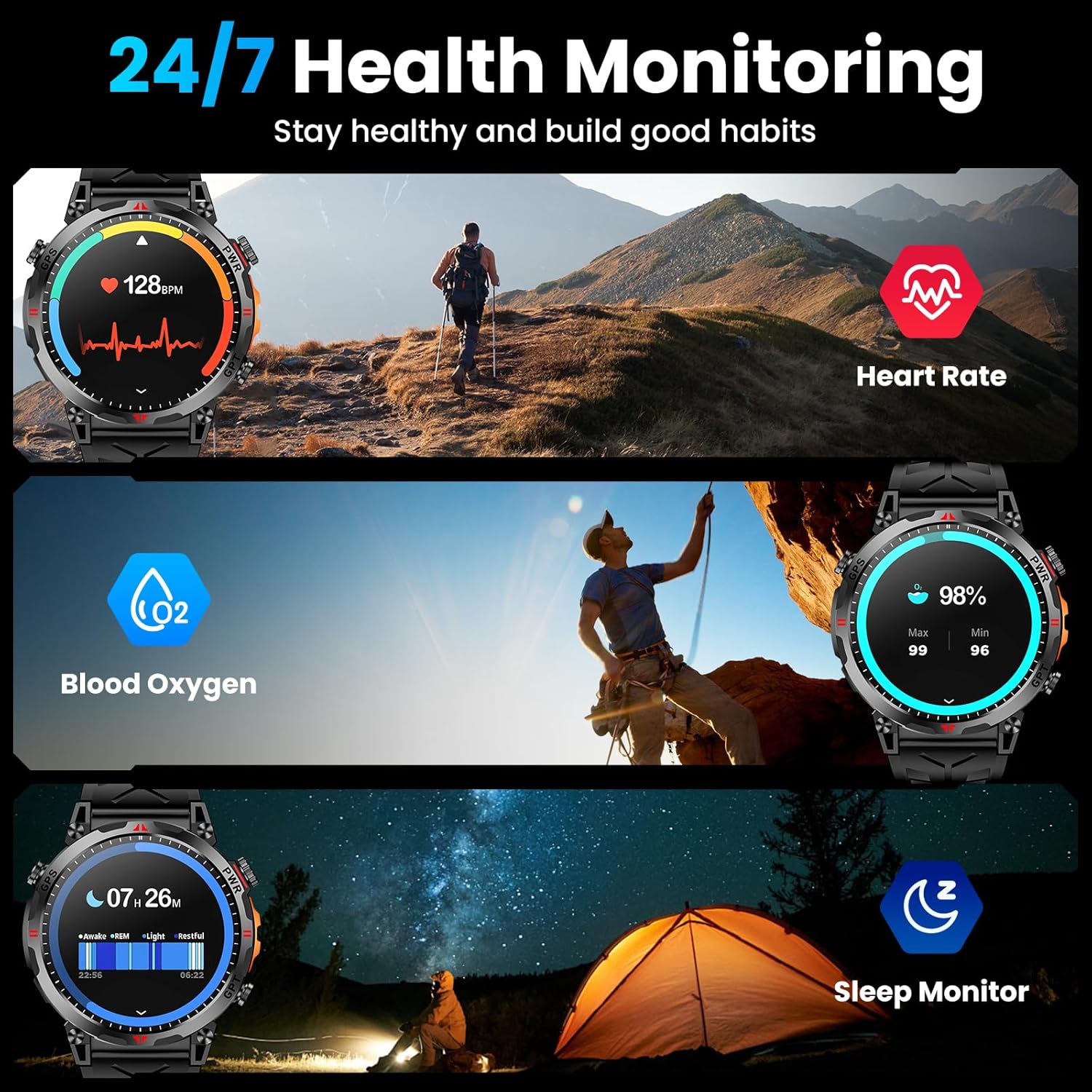 Military GPS Smart Watch AMOLED Bluetooth Call Compass Fitness Watch