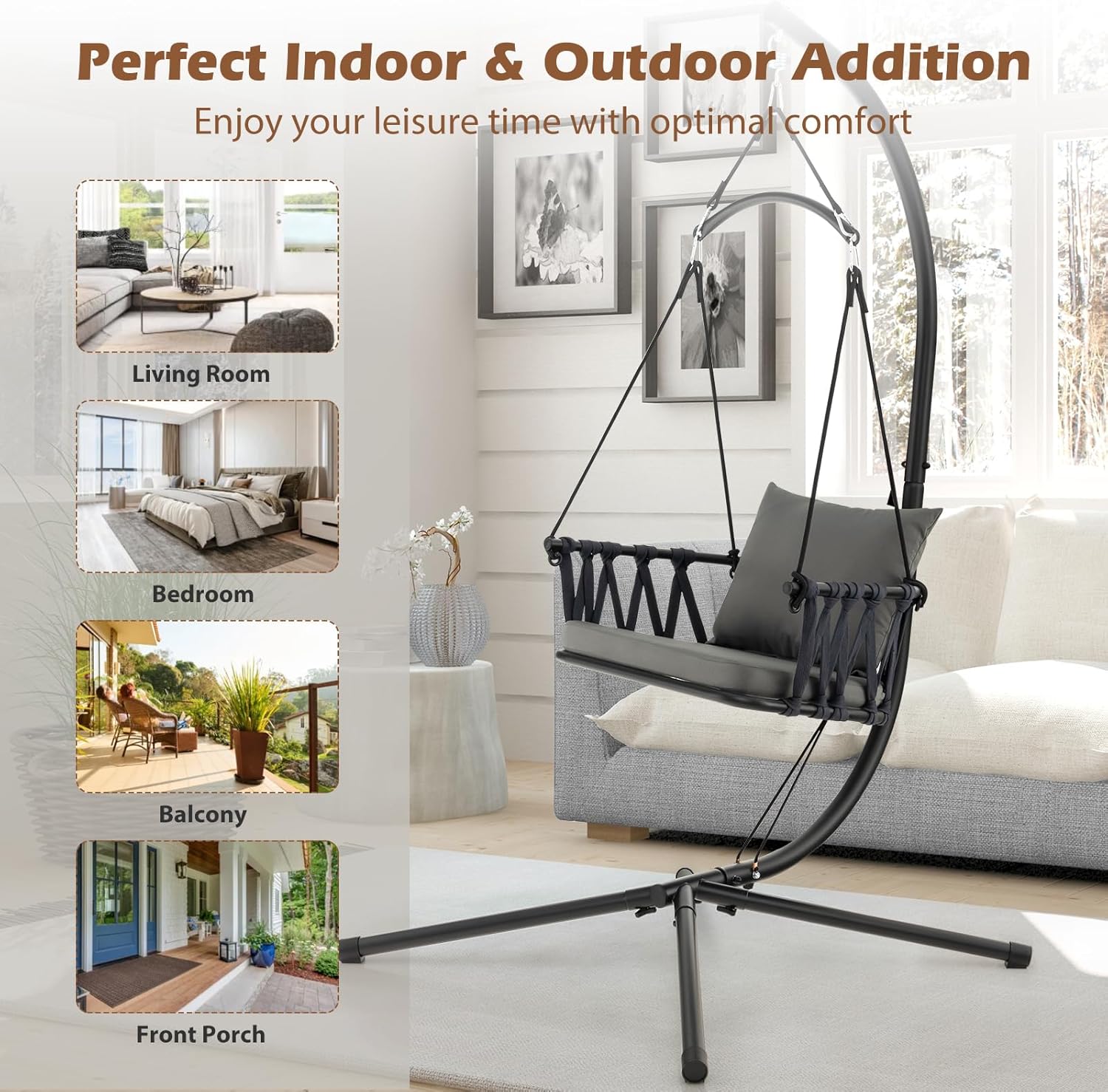 Hammock Swing Chair with Stand Cushion Indoor Outdoor Gray