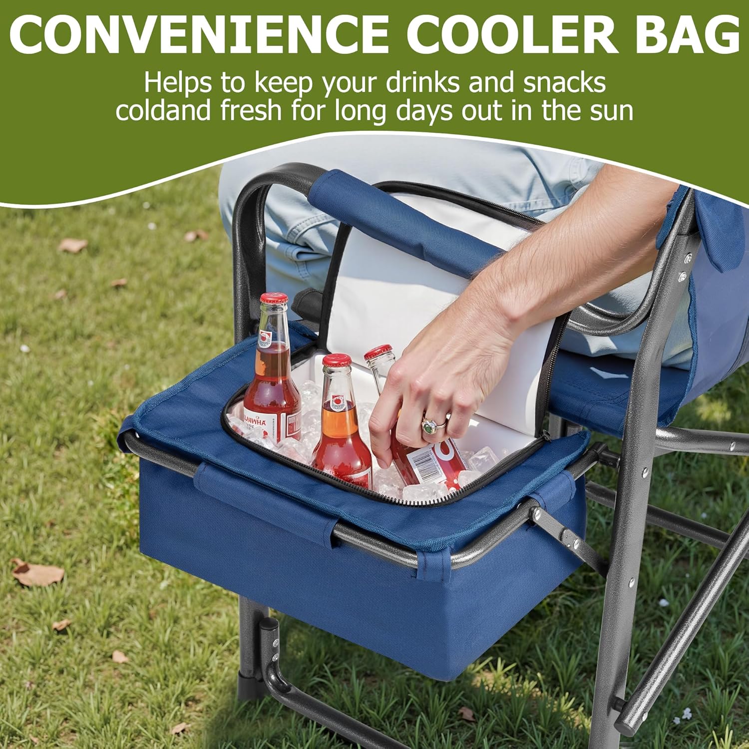 Oversized Folding Camping Chair with Cooler Side Table 400LB Blue