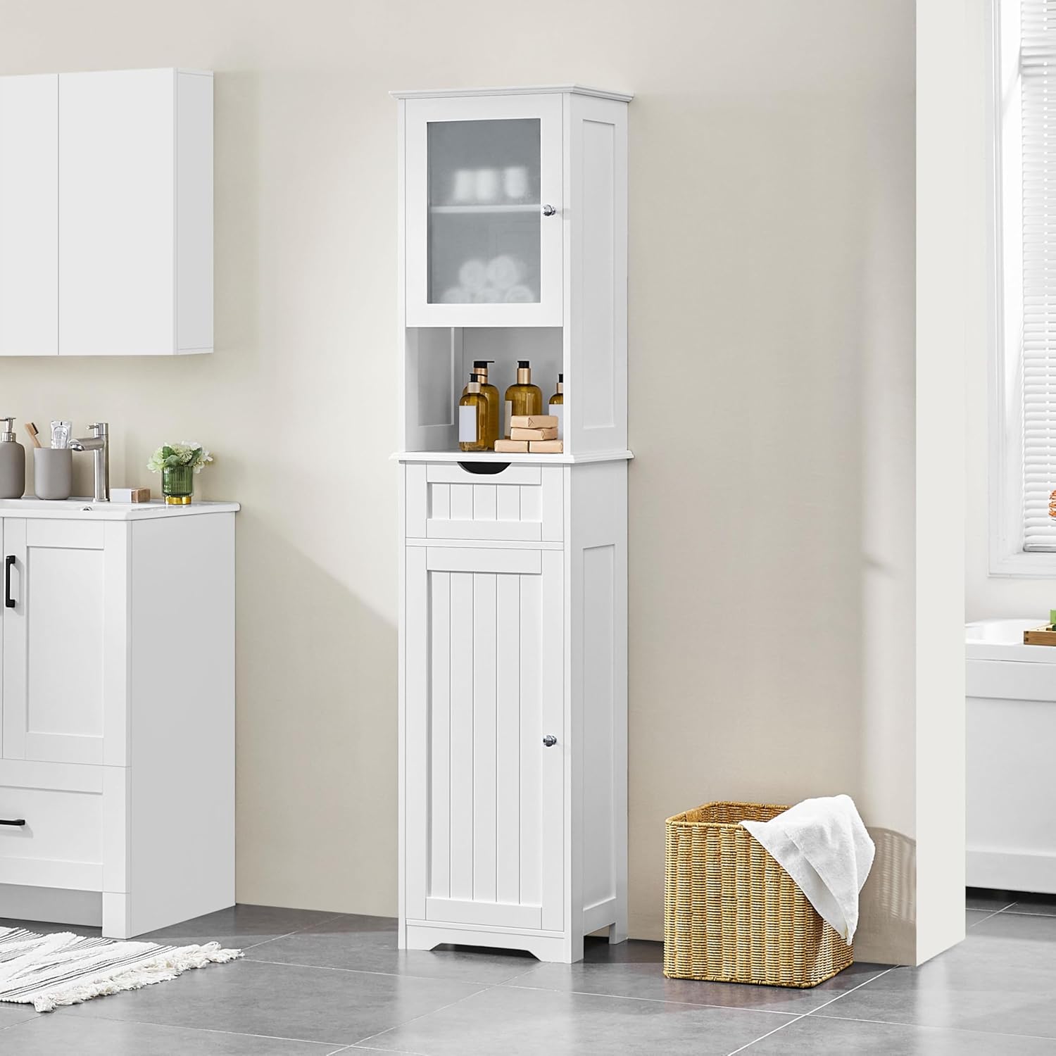 Tall Bathroom Storage Cabinet Glass Door Drawer Shelf