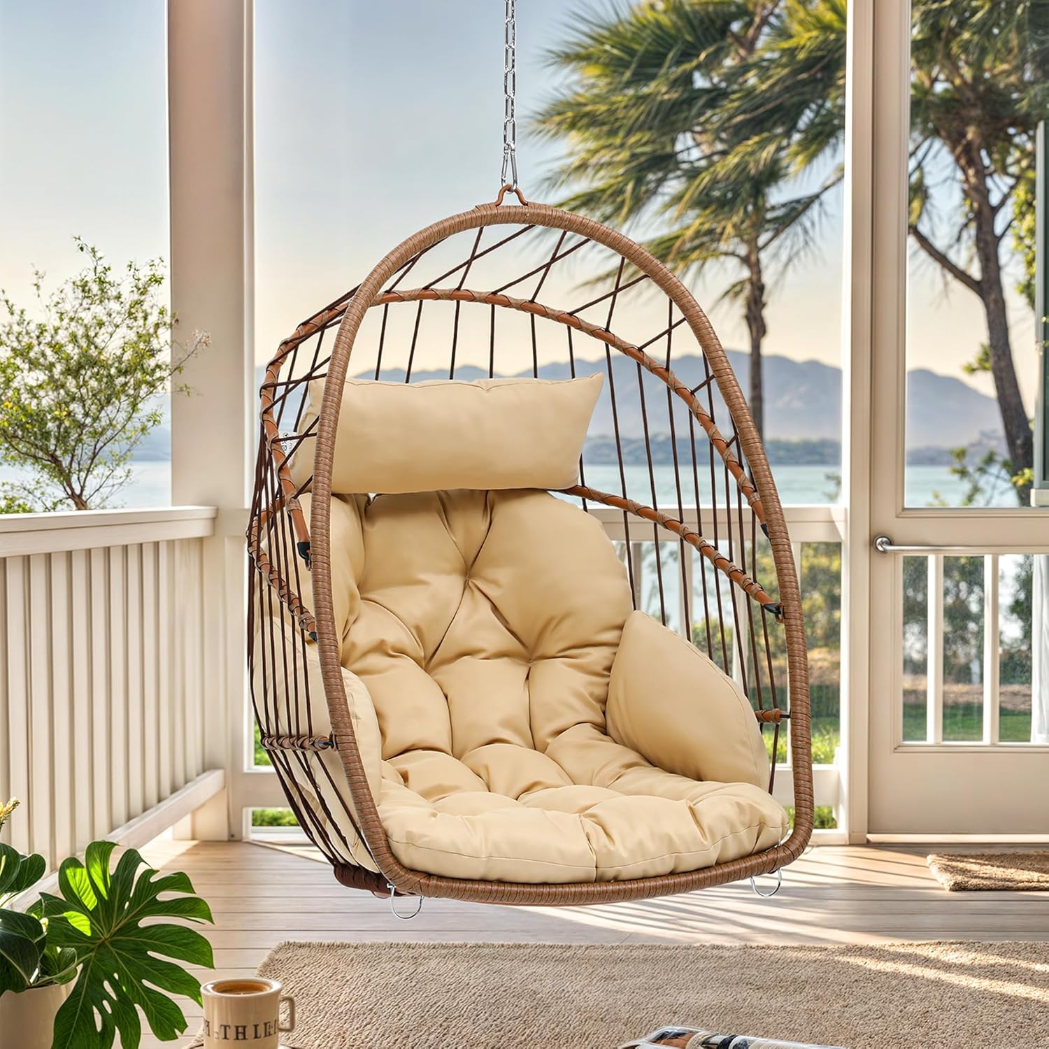 Rattan Hanging Egg Chair with Cushion Brown 72cm