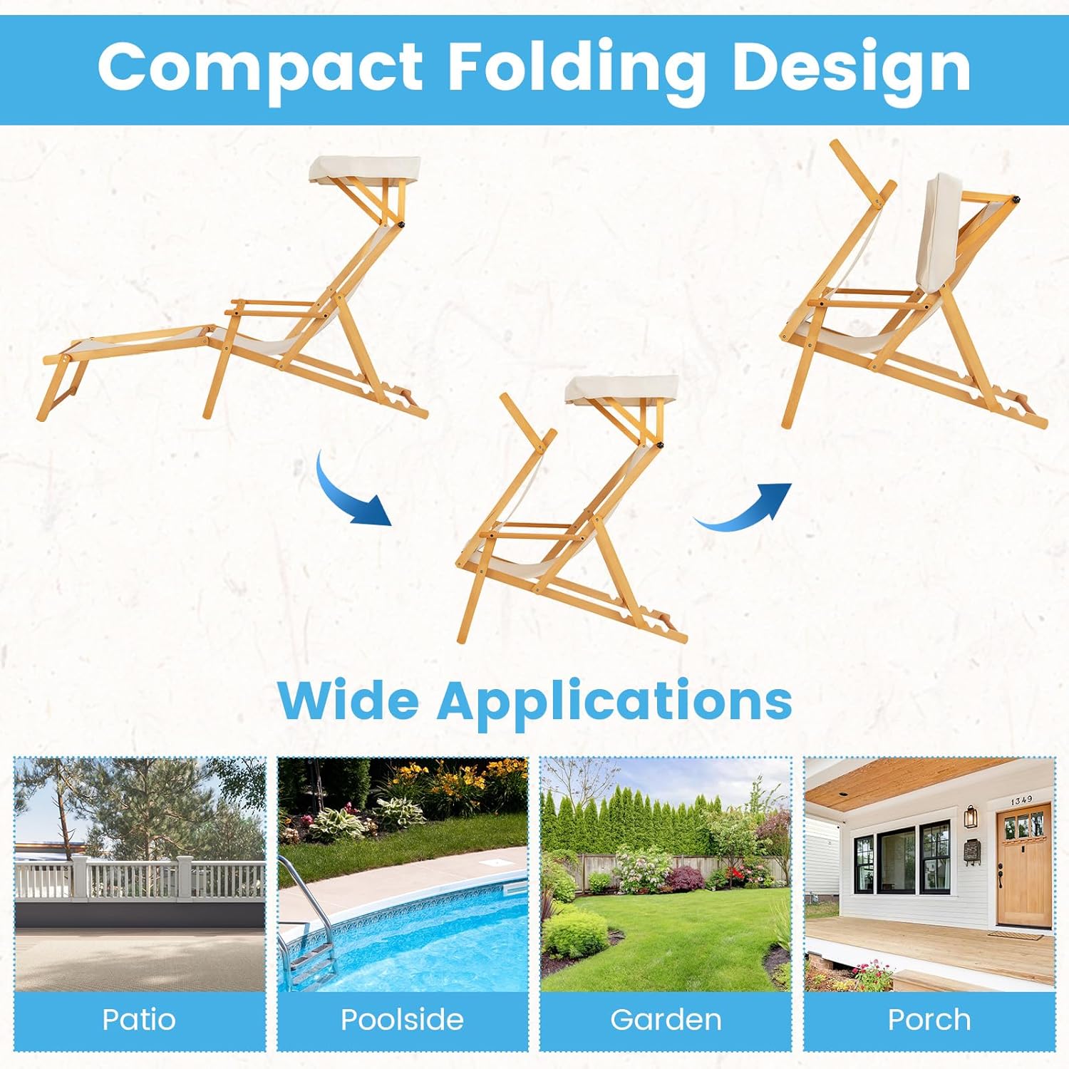 Foldable Wooden Sun Lounger with Canopy Recliner Beige