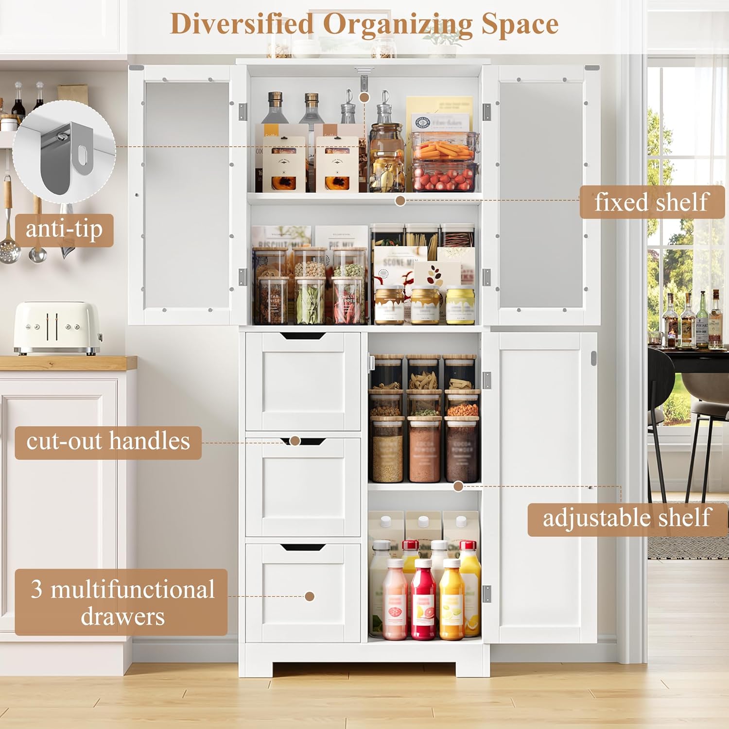 Tall Storage Cabinet White 3 Door 3 Drawer Shelf Unit