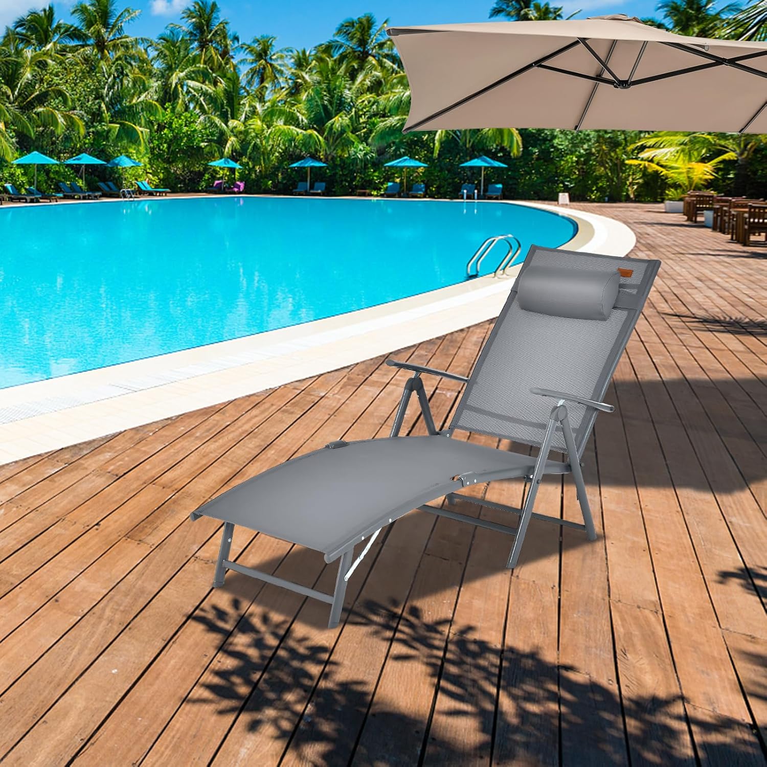 Portable Reclining Sunbed Chair 7 Position Grey