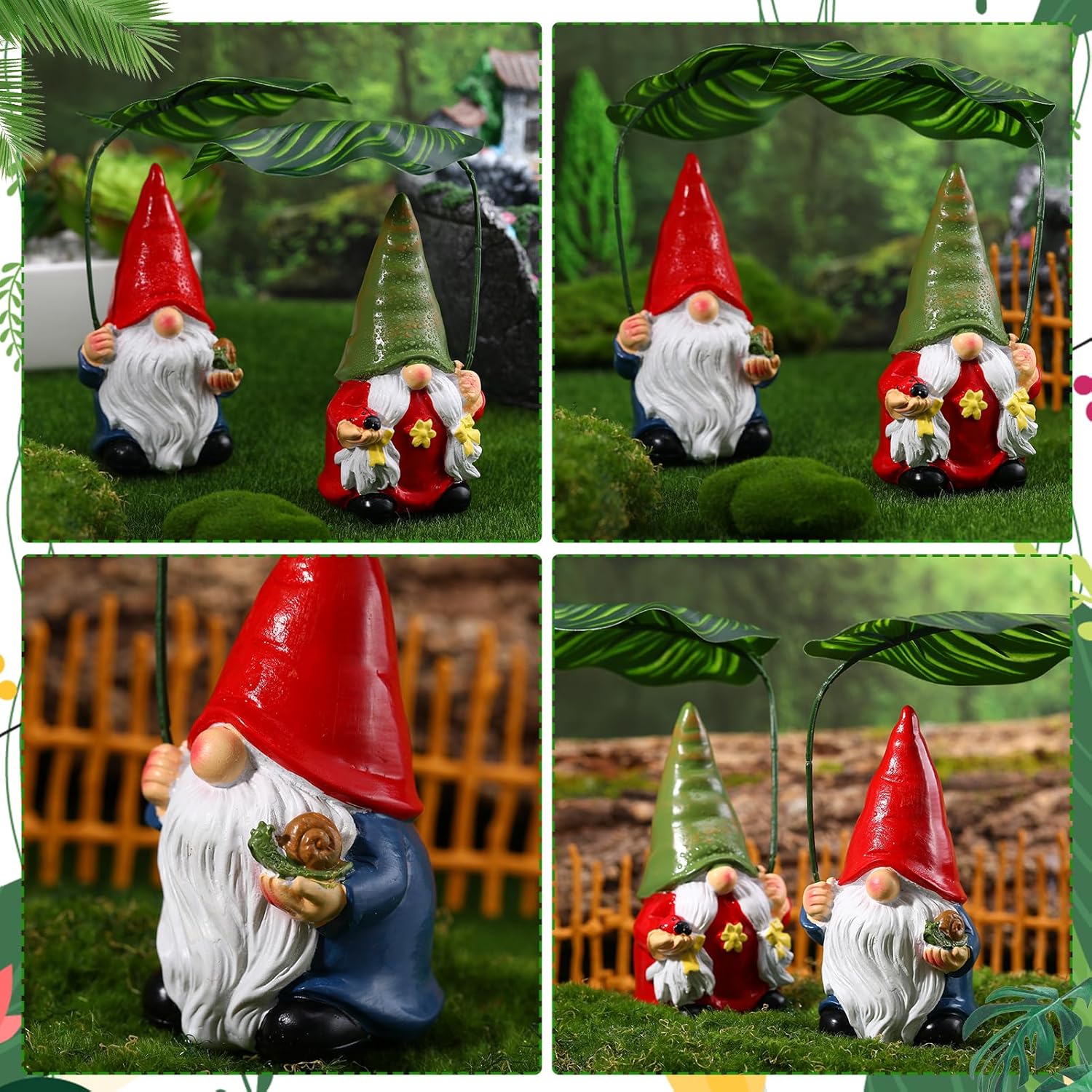 2Pcs Garden Gnomes Leaf Umbrella Resin Outdoor Decor Set
