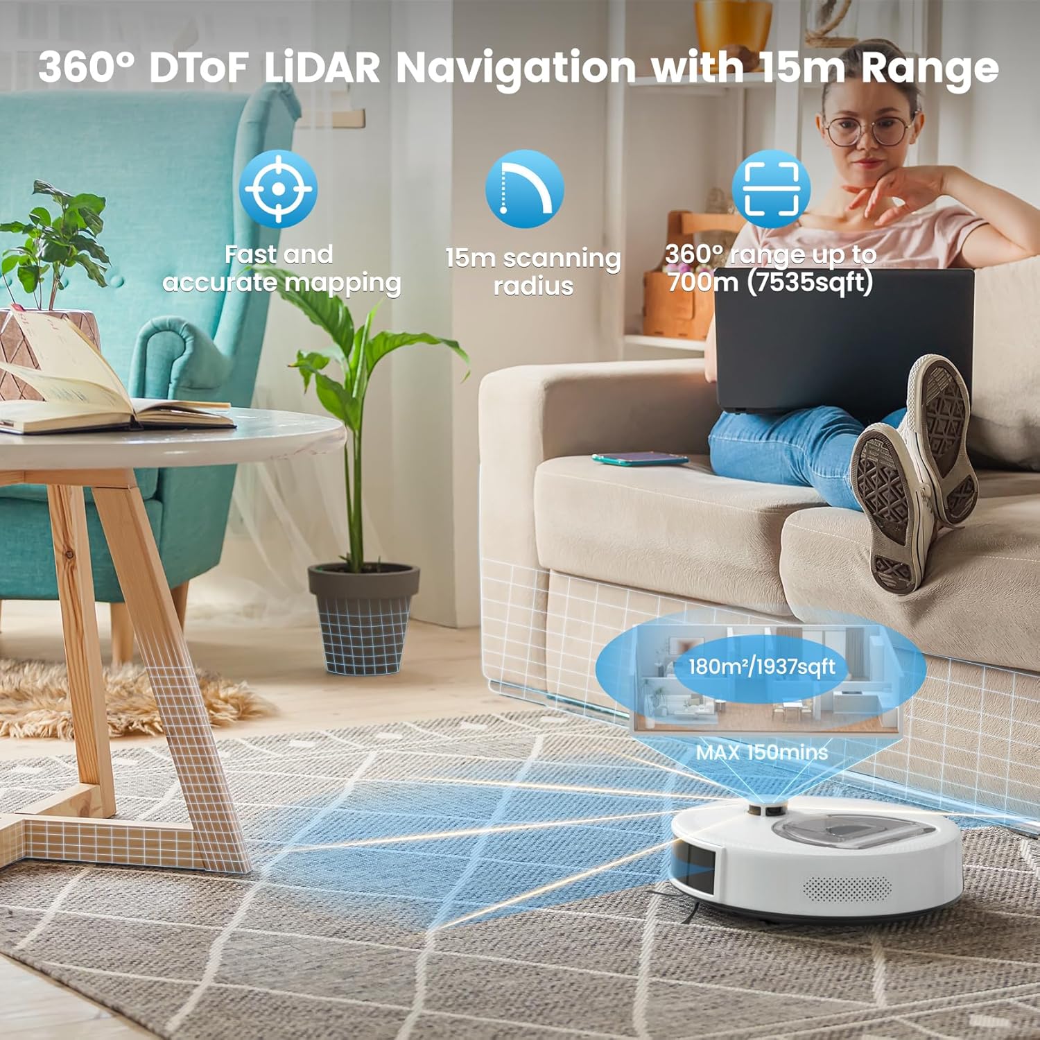 Robot Vacuum Mop 6000Pa Suction LiDAR Mapping WiFi App Alexa White