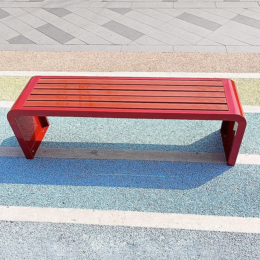 Curved Outdoor Garden Bench Wood Seat Steel Frame Backless 150cm