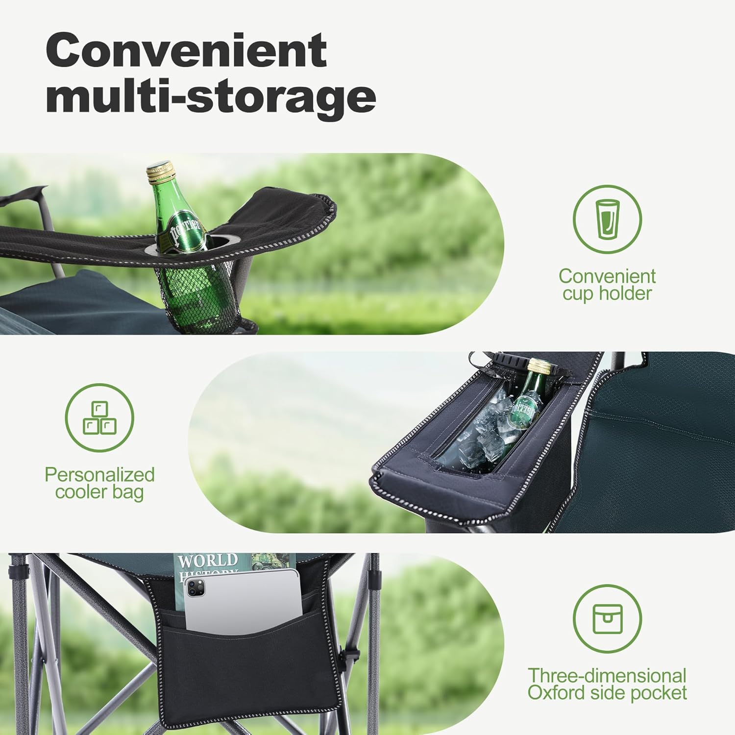 XXL Heavy Duty Folding Camping Chair 200kg Cooler Green