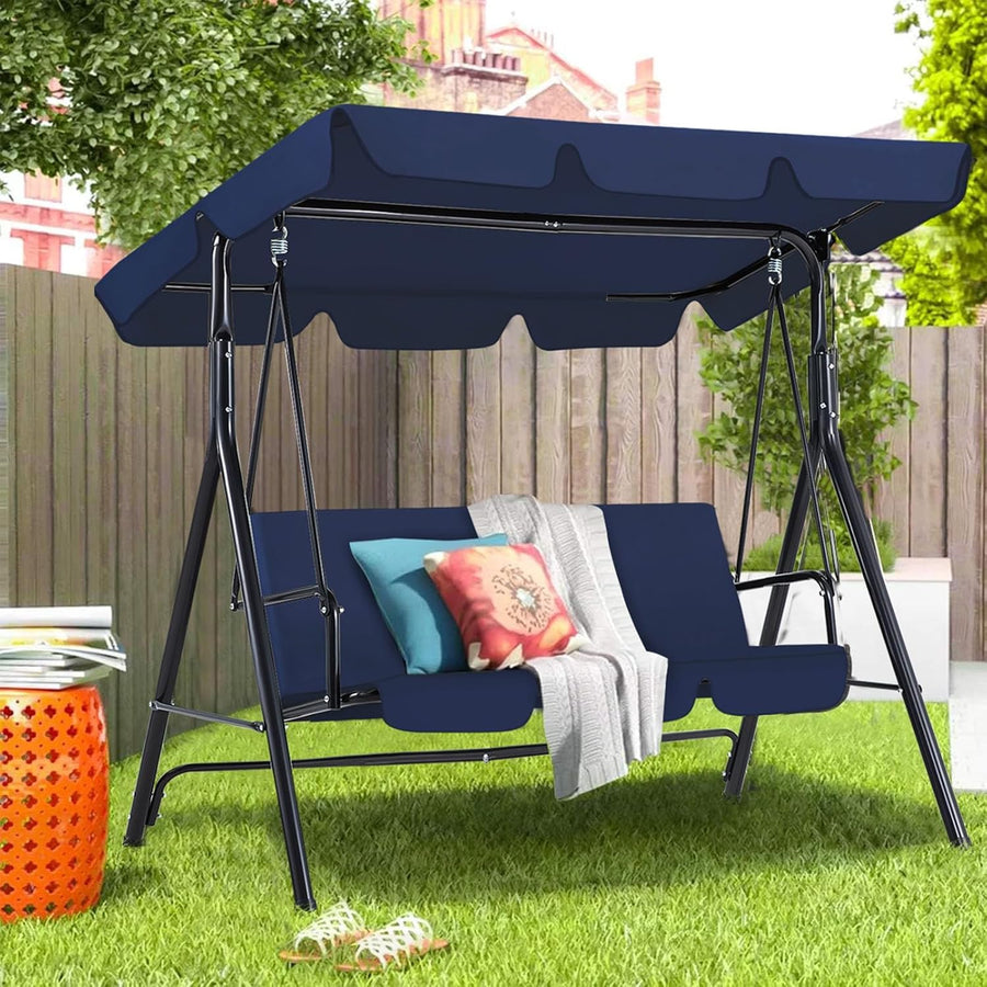 3 Seater Garden Swing Chair Canopy Cushion Steel Frame Blue