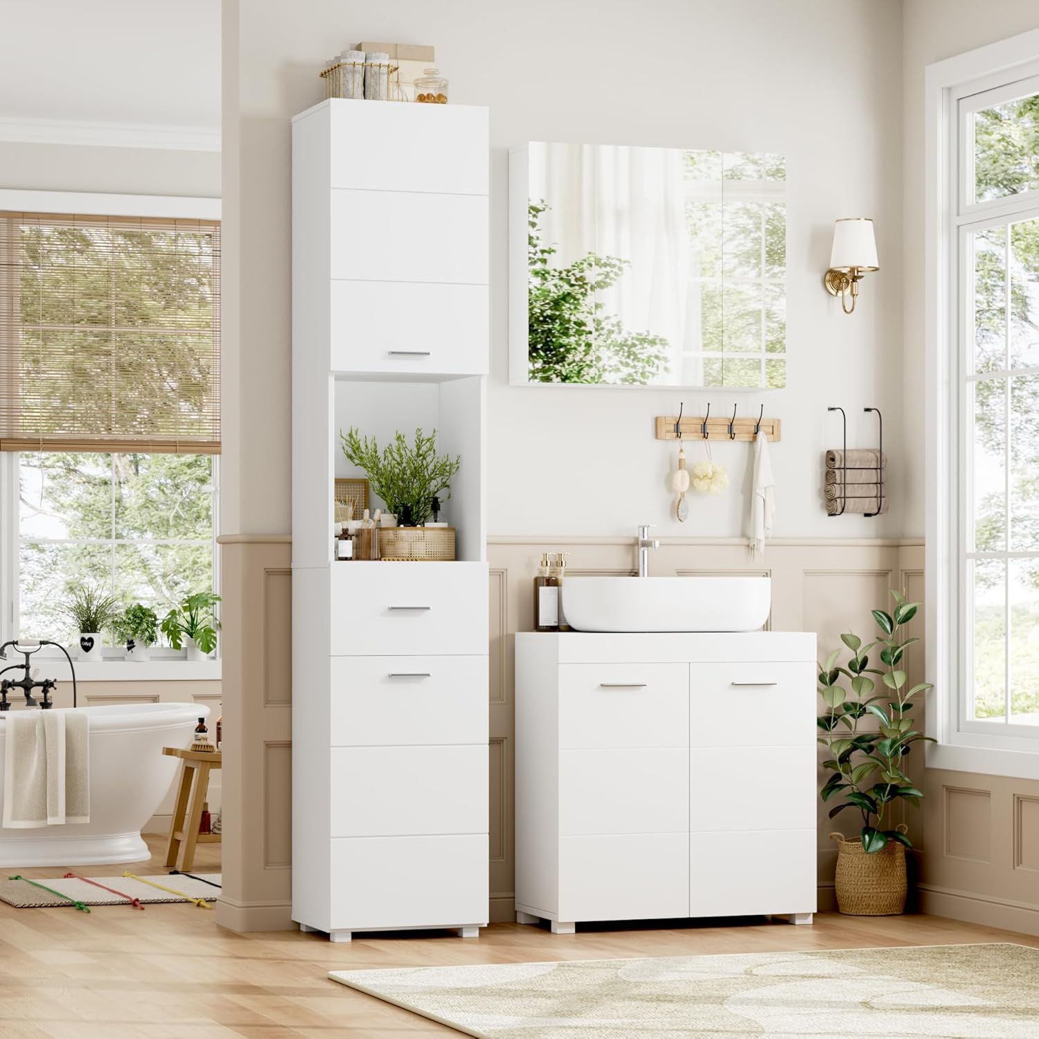 Tall Bathroom Storage Cabinet 2 Doors Drawer White 180cm