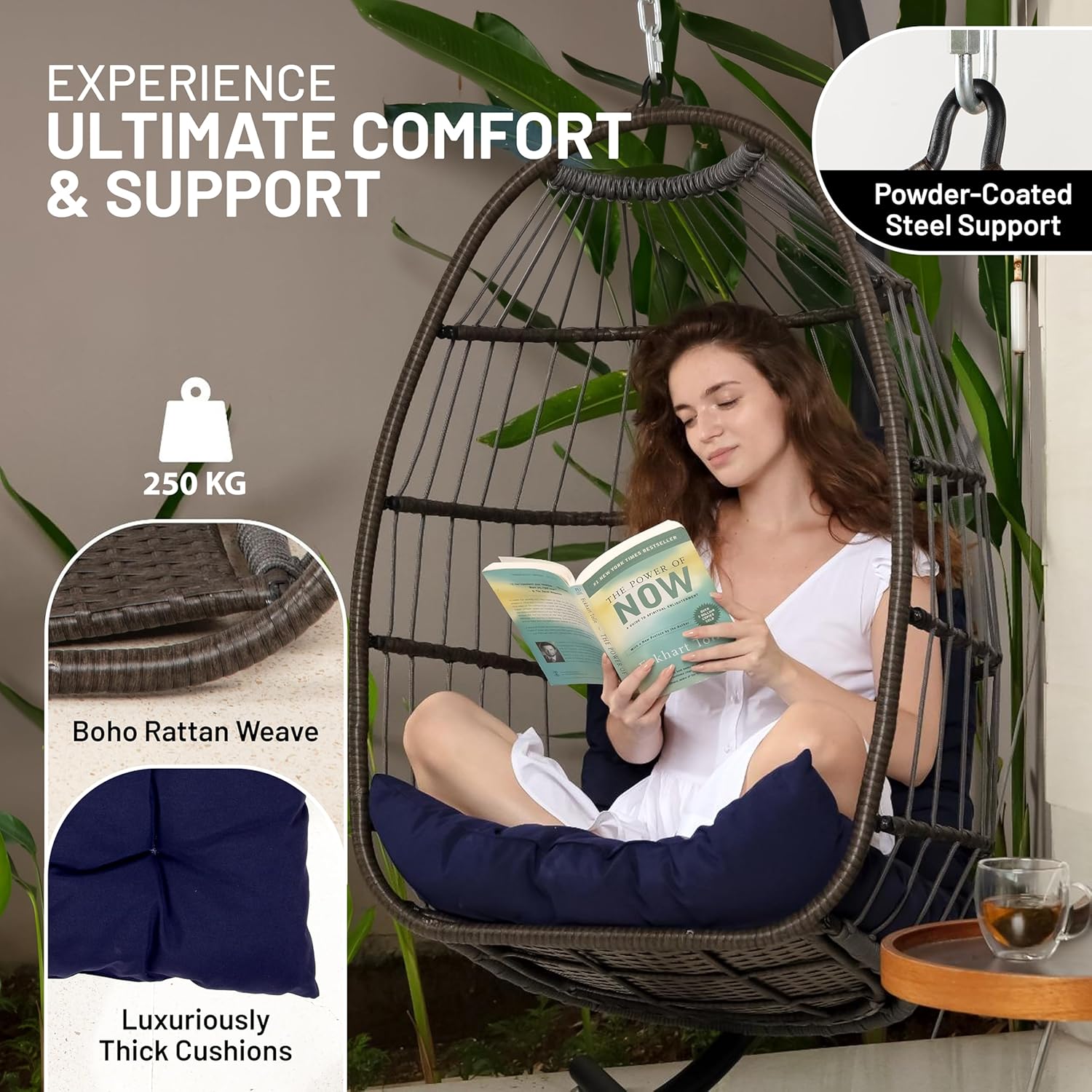 Foldable Egg Chair with Stand Rattan Hanging Swing Deep Blue