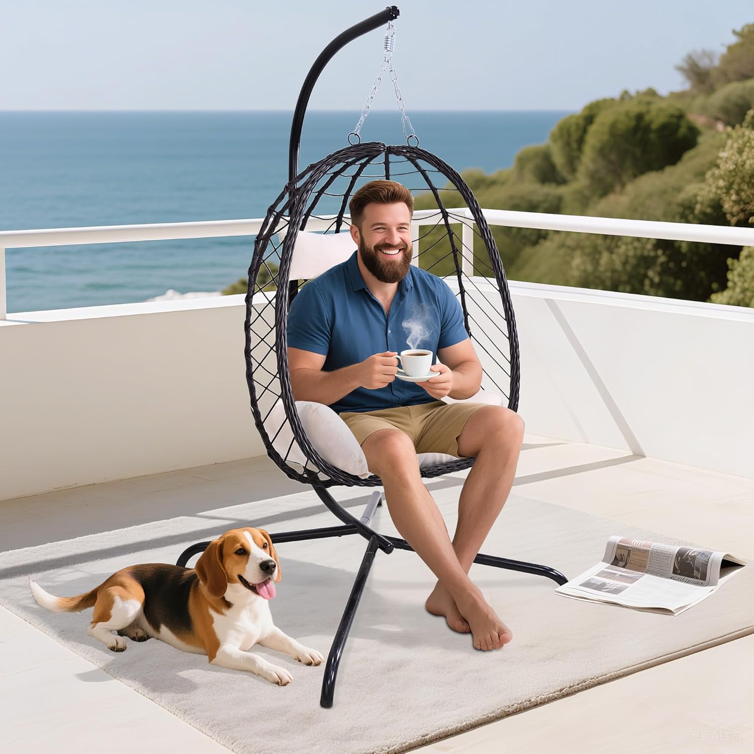 Hanging Egg Chair with Stand Cushion Beige 350lb