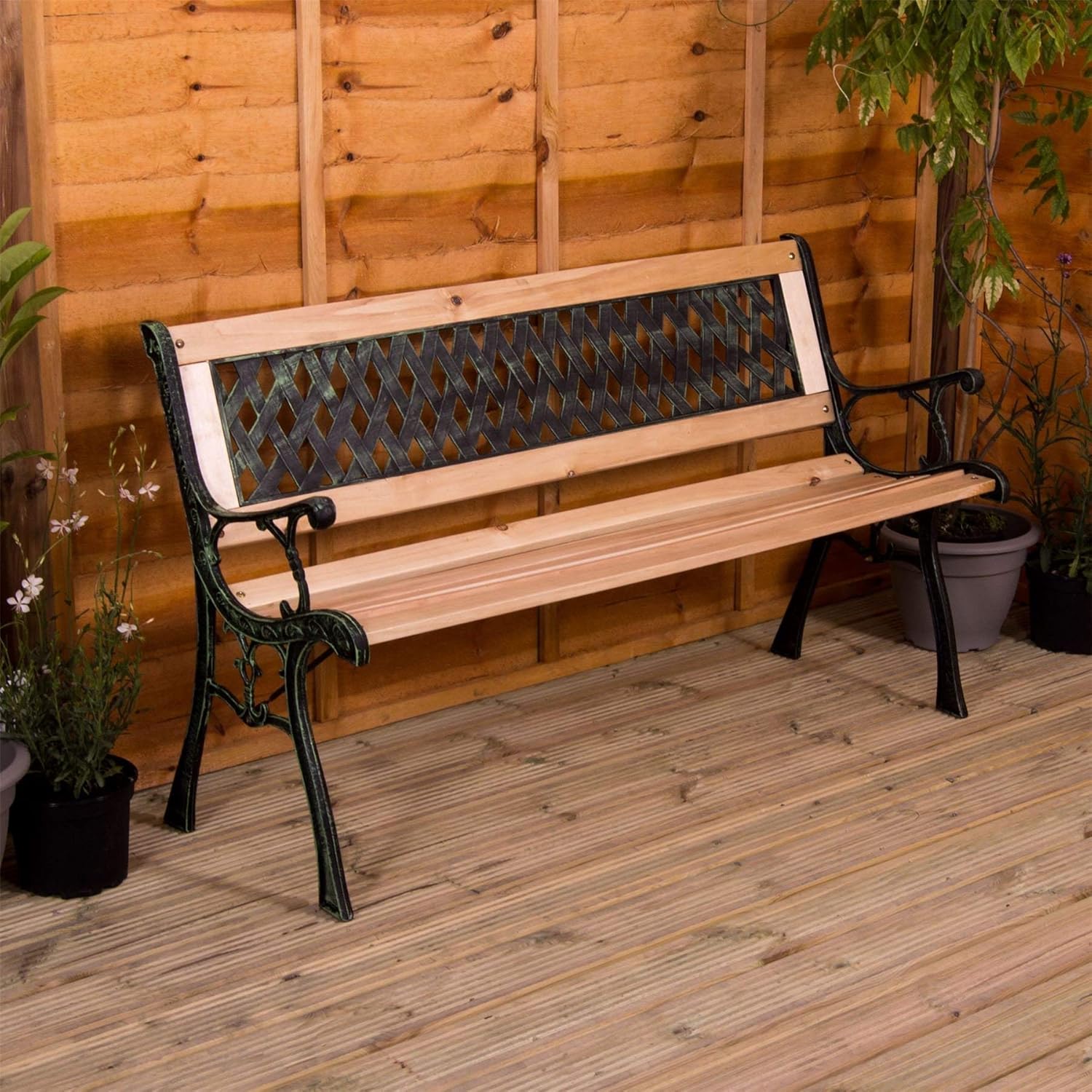 3 Seater Wooden Garden Bench Cast Iron Frame Cross Back Patio Seat