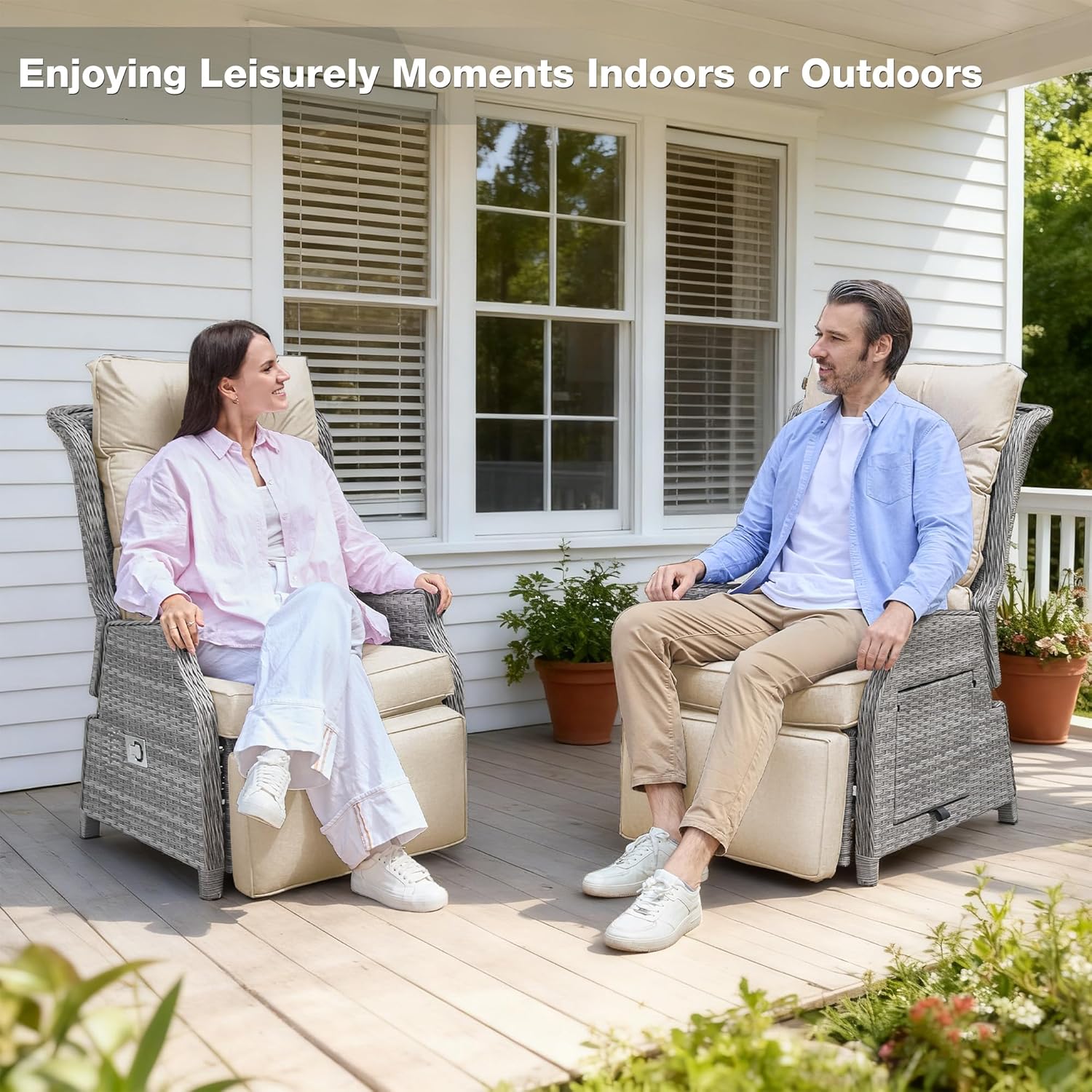 Rattan Reclining Sun Lounger Chair with Cushion Beige