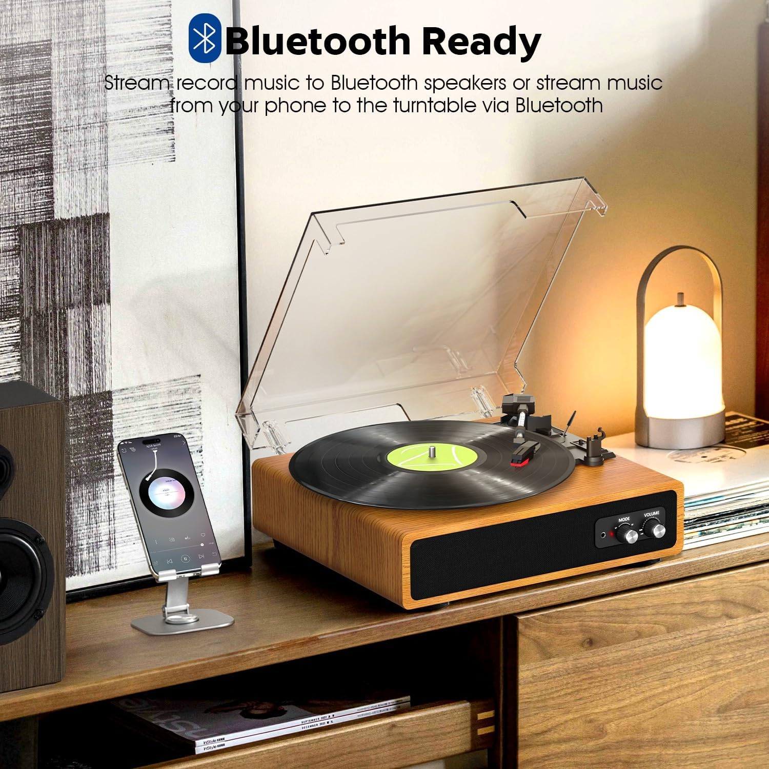 3-Speed Belt-Drive Vinyl Record Player with Bluetooth & Built-In Speakers