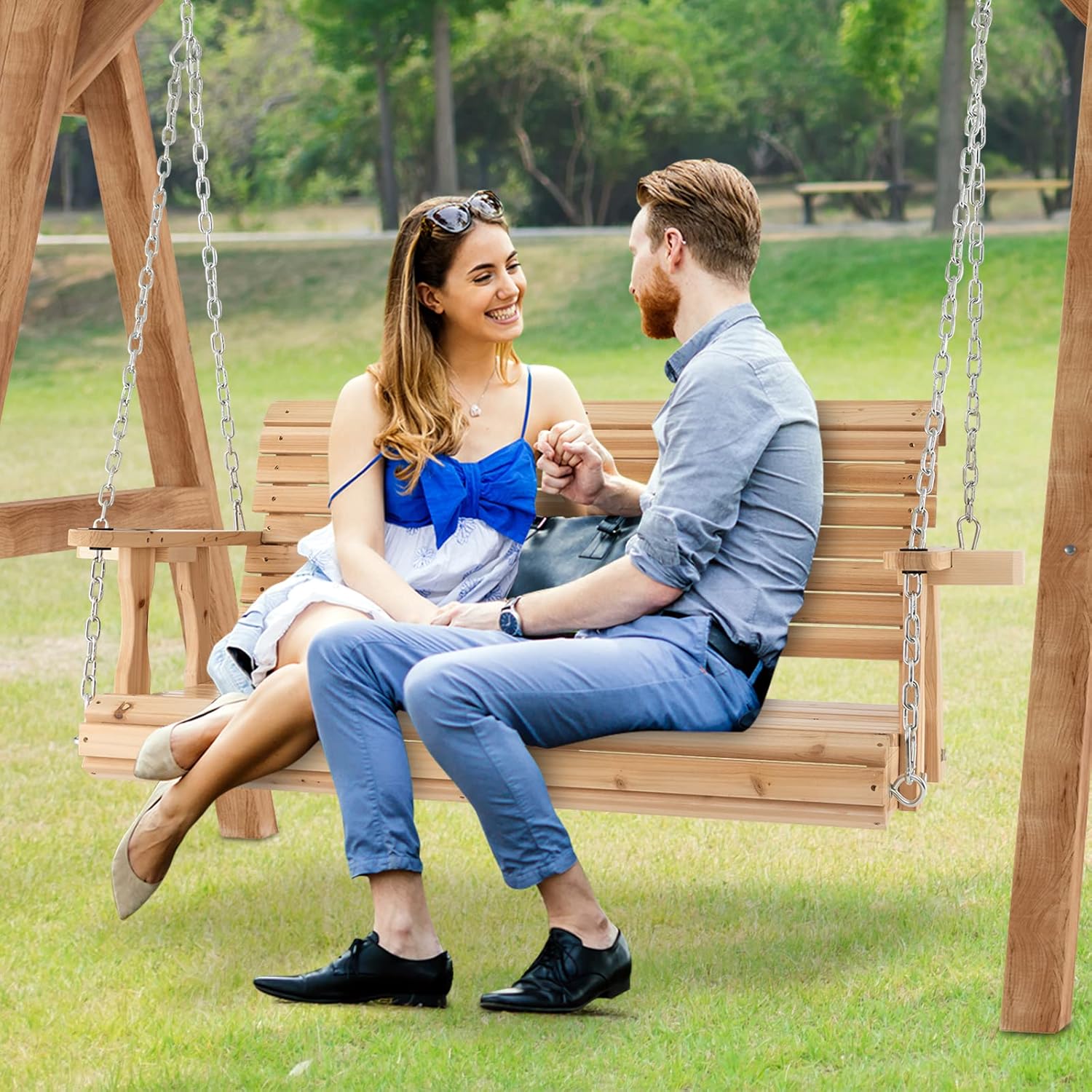 2 Seater Wooden Porch Swing Chair Fir Bench Cup Holders 240kg