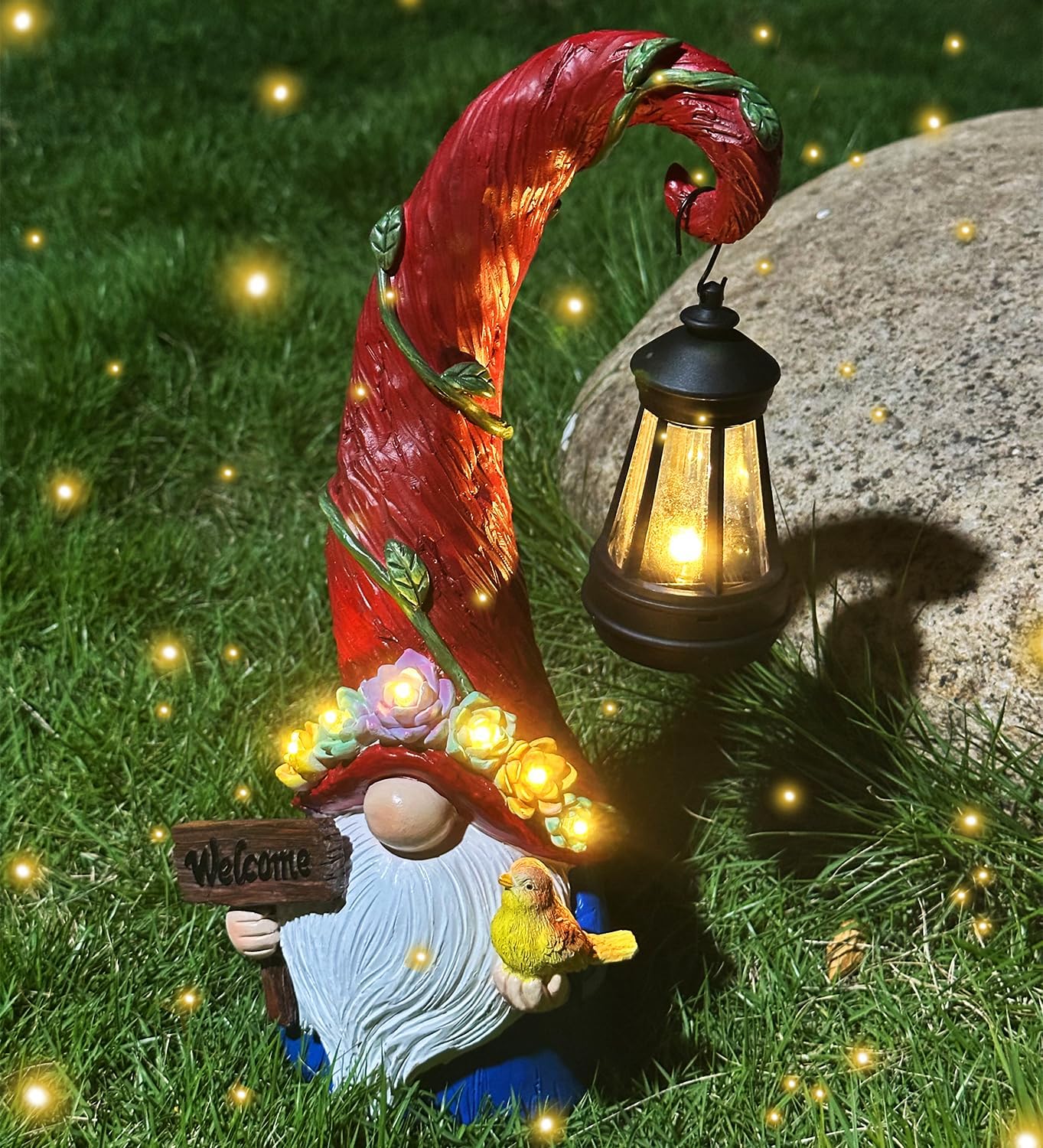 Solar Garden Gnome Lantern 6 LED Succulent Lights Outdoor Decor