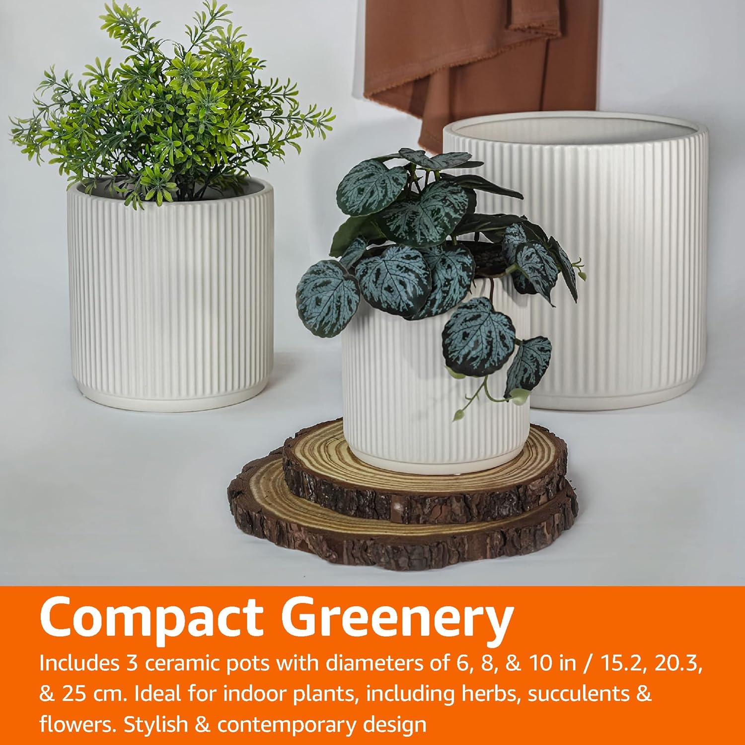Ceramic Plant Pots Set of 3 White Fluted Planters 15 20 25cm