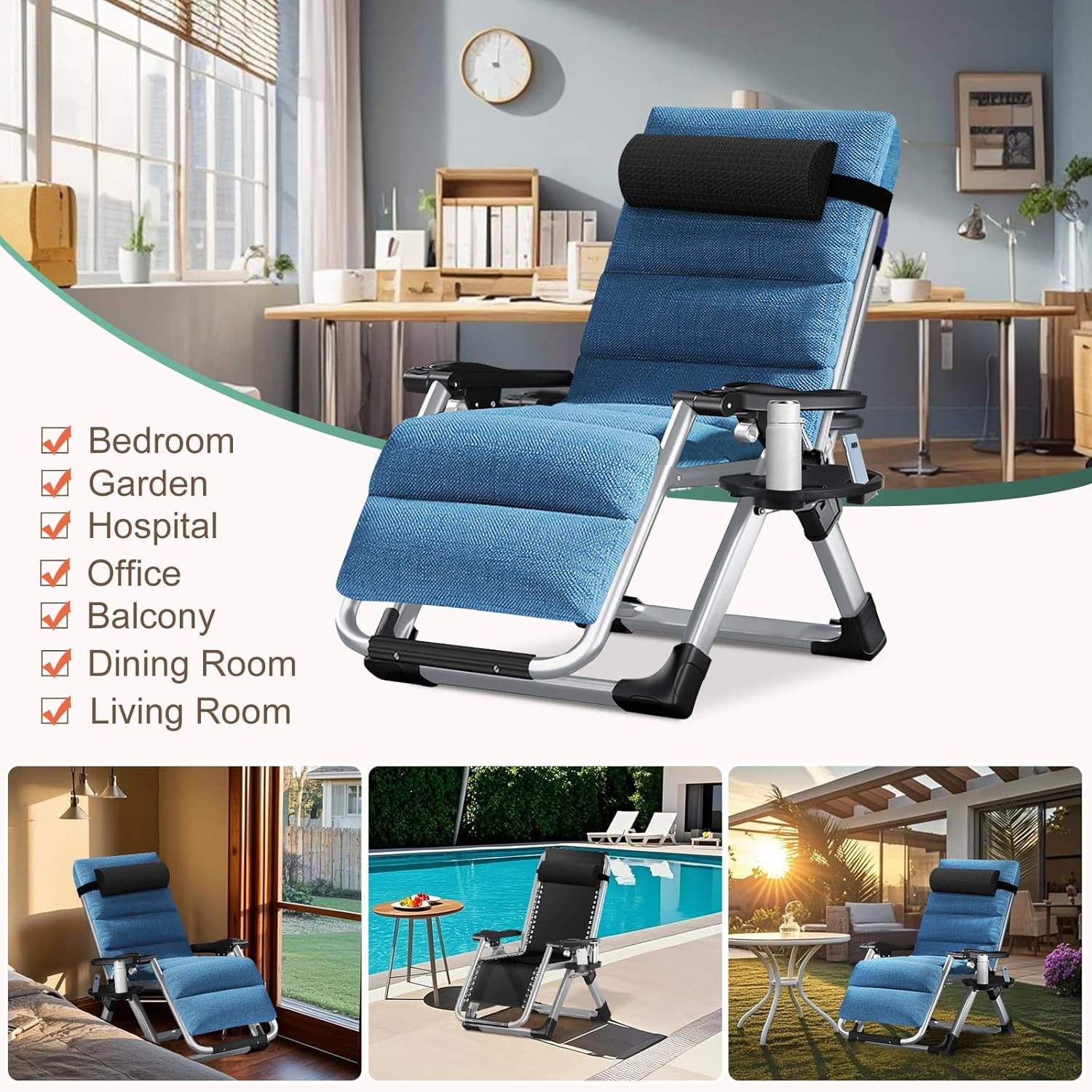 Zero Gravity Folding Sun Lounger Chair 200KG Heavy Duty Blue