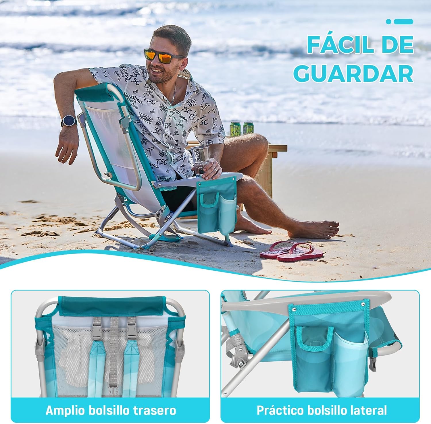 Cyan Pattern Adjustable Beach Chair Folding Reclining Seat