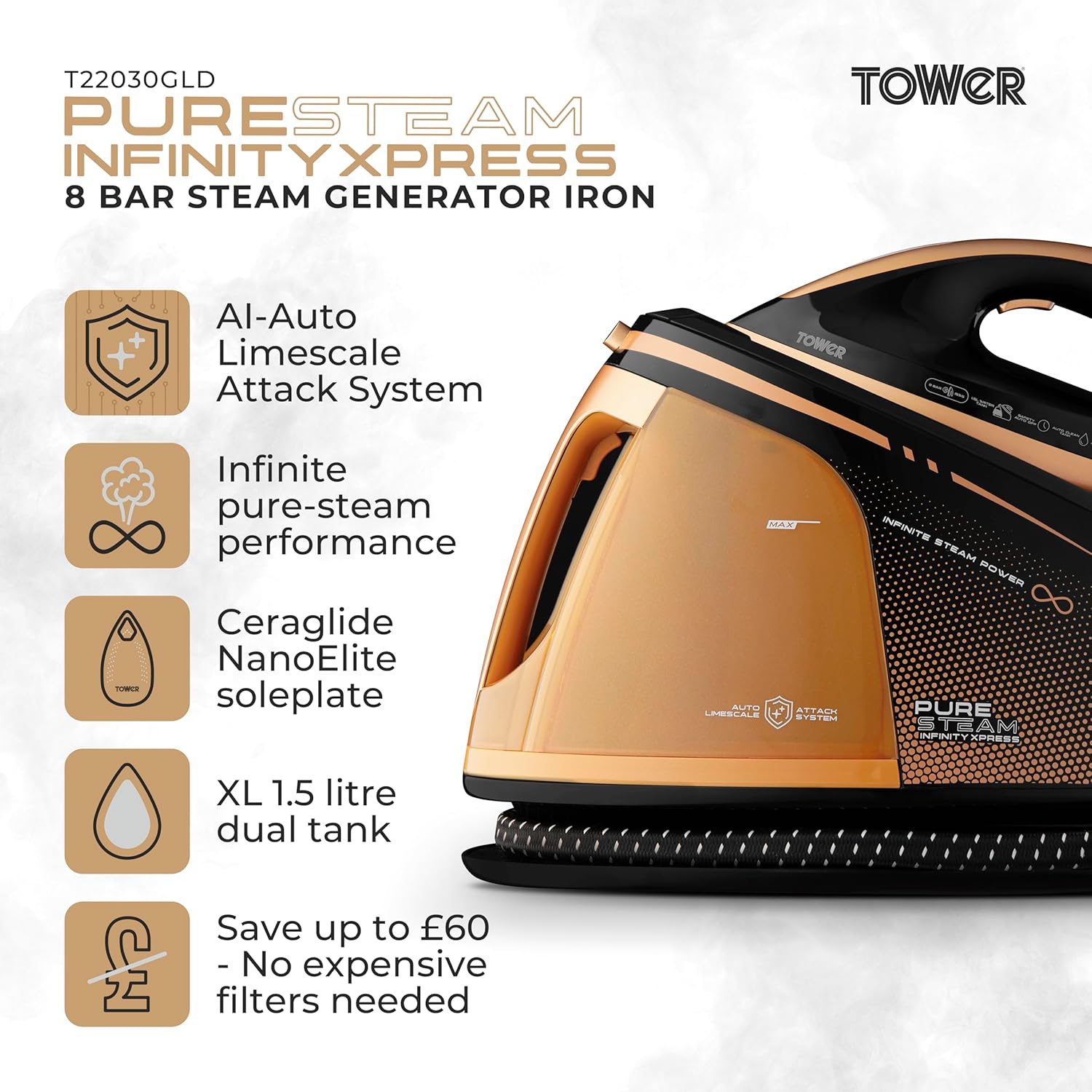 3000W Steam Generator Iron 8 Bar Pressure 1.5L Tank Ceramic Soleplate