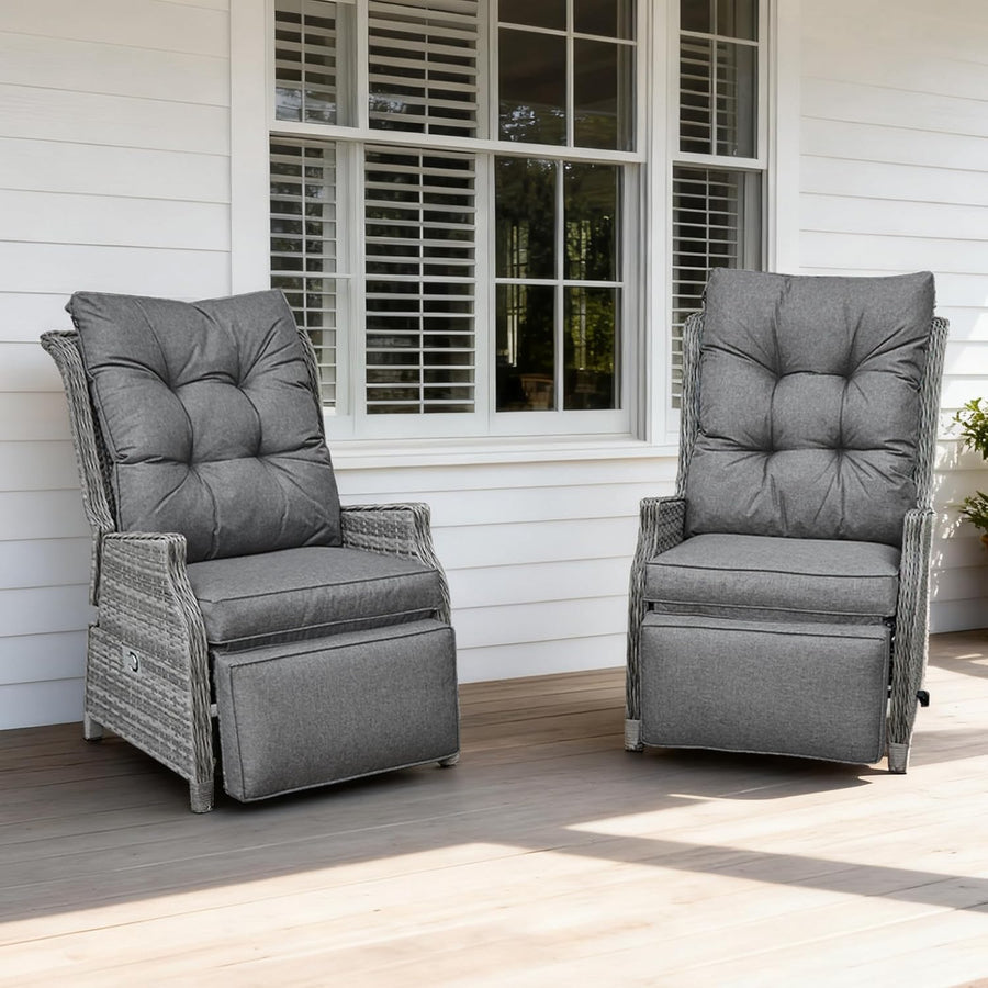 2 Piece Rattan Reclining Sun Lounger Set Table Grey